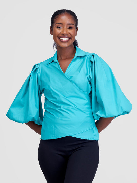 Safari Mali 3/4 Bishop Sleeve  Tie Top - Sea Green
