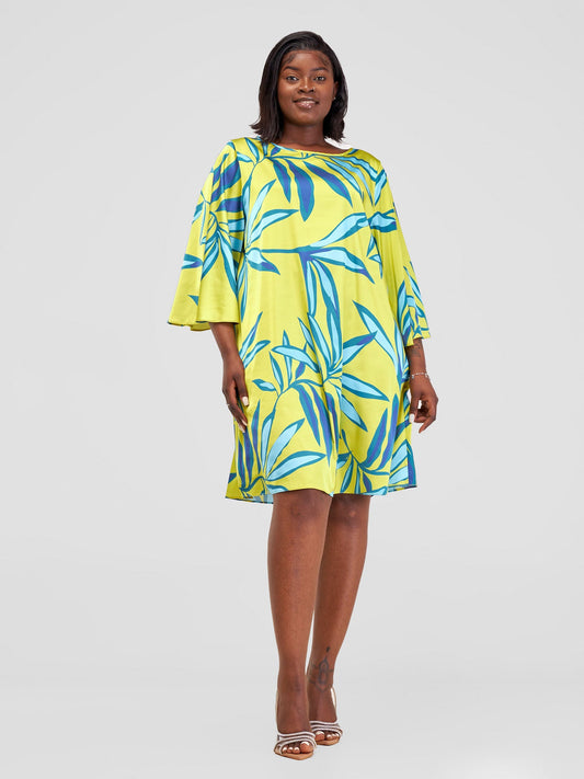 Vivo Kelemi A-Line Knee Length Dress - Green / Teal Lemi Print