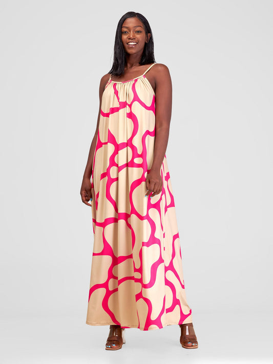 Vivo Sarabi Strappy Low Back Maxi Dress - Taupe / Pink Print