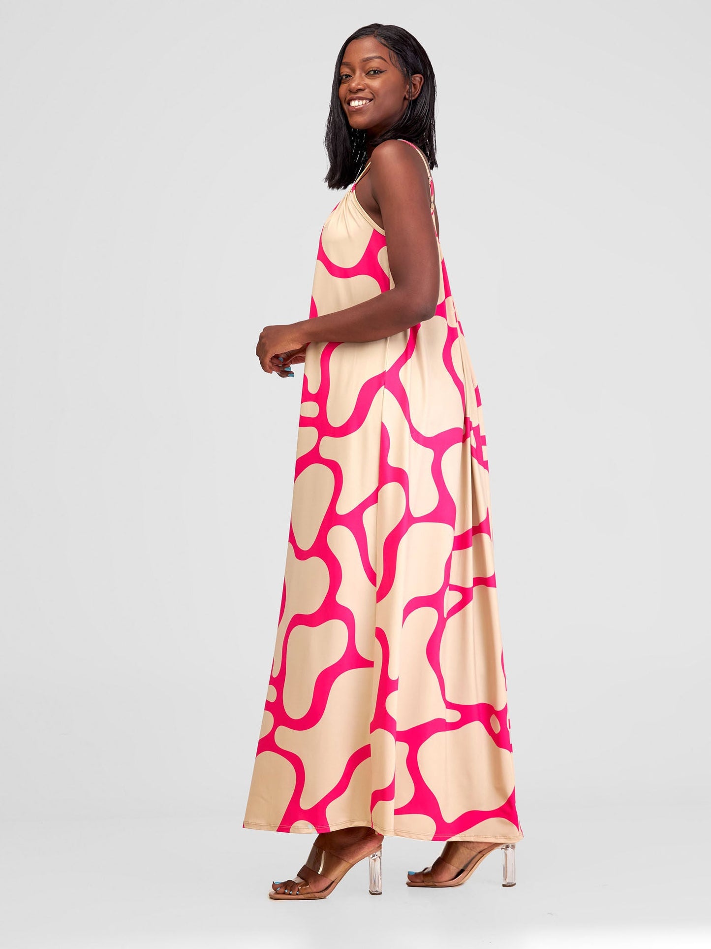 Vivo Sarabi Strappy Low Back Maxi Dress - Taupe / Pink Print