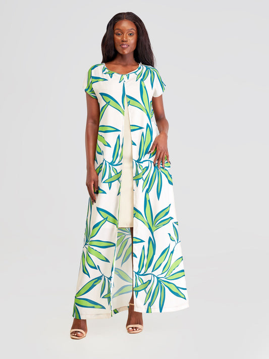 Vivo Kelemi Layered Maxi Dress - Khaki + Taupe / Green Lemi Print