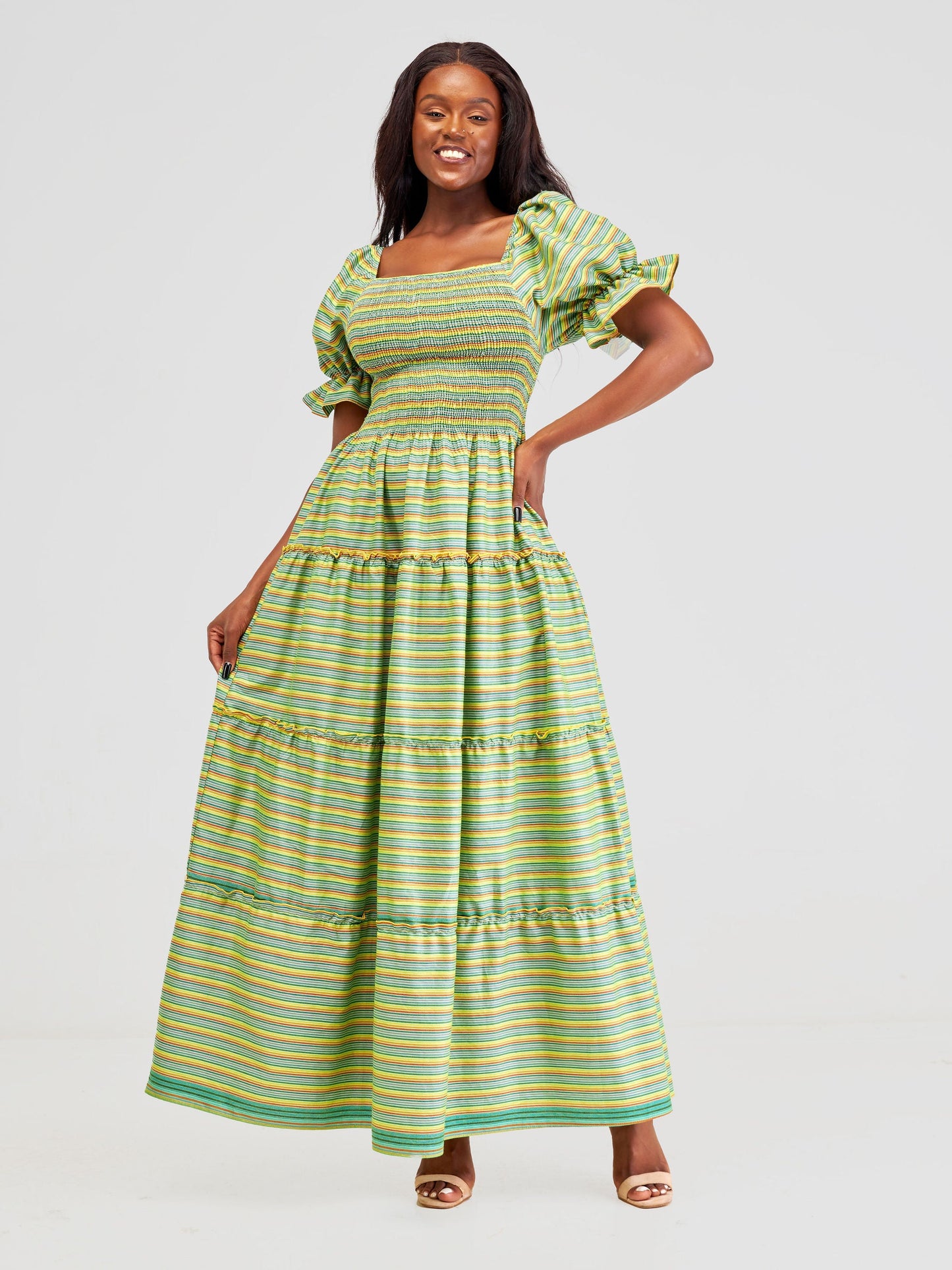 Safari Kikoy Shirred Top Maxi Dress - Dark Green / Yellow Print