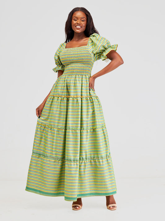 Safari Kikoy Shirred Top Maxi Dress - Dark Green / Yellow Print