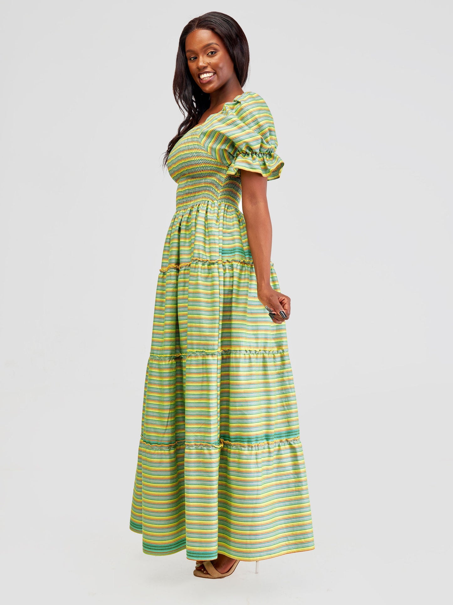 Safari Kikoy Shirred Top Maxi Dress - Dark Green / Yellow Print