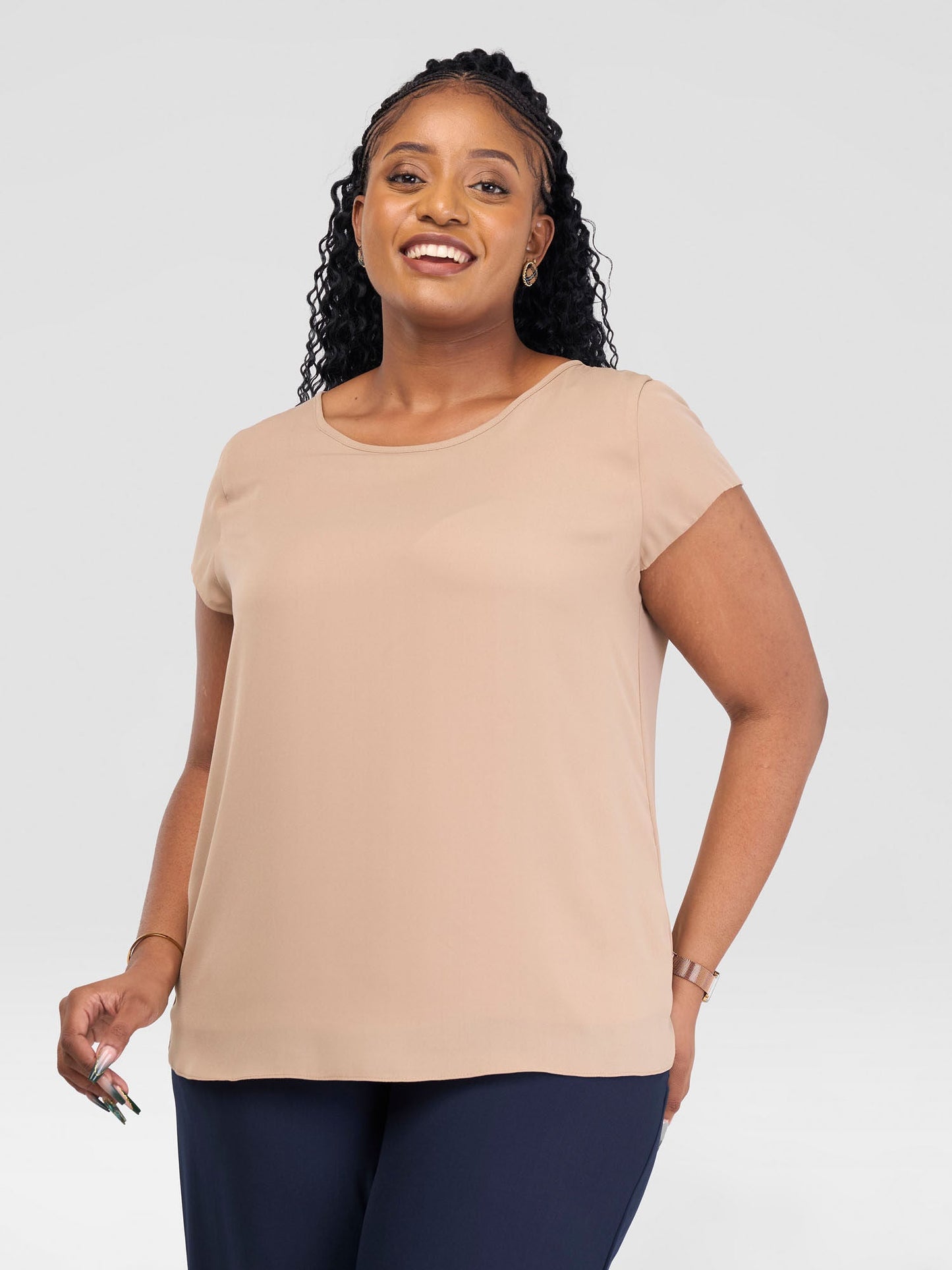 Vivo Basic Chiffon Cap Sleeve Top (Double Layered) - Taupe
