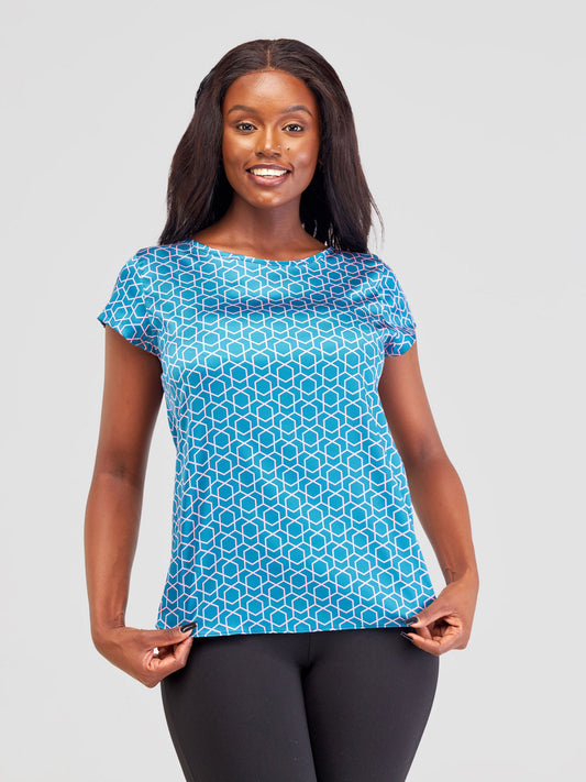 Vivo Basic Satin Cap Sleeve Top - Teal / Pink Duku Print