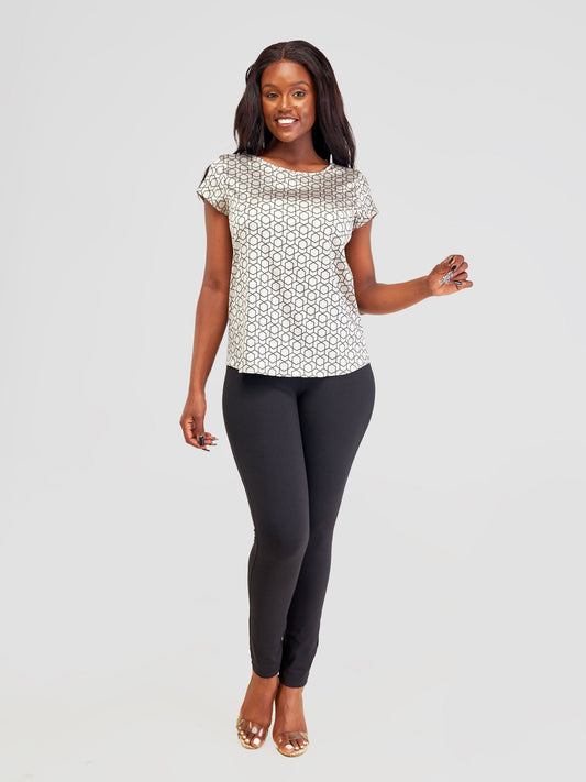 Vivo Basic Satin Cap Sleeve Top - Taupe / Olive Duku Print