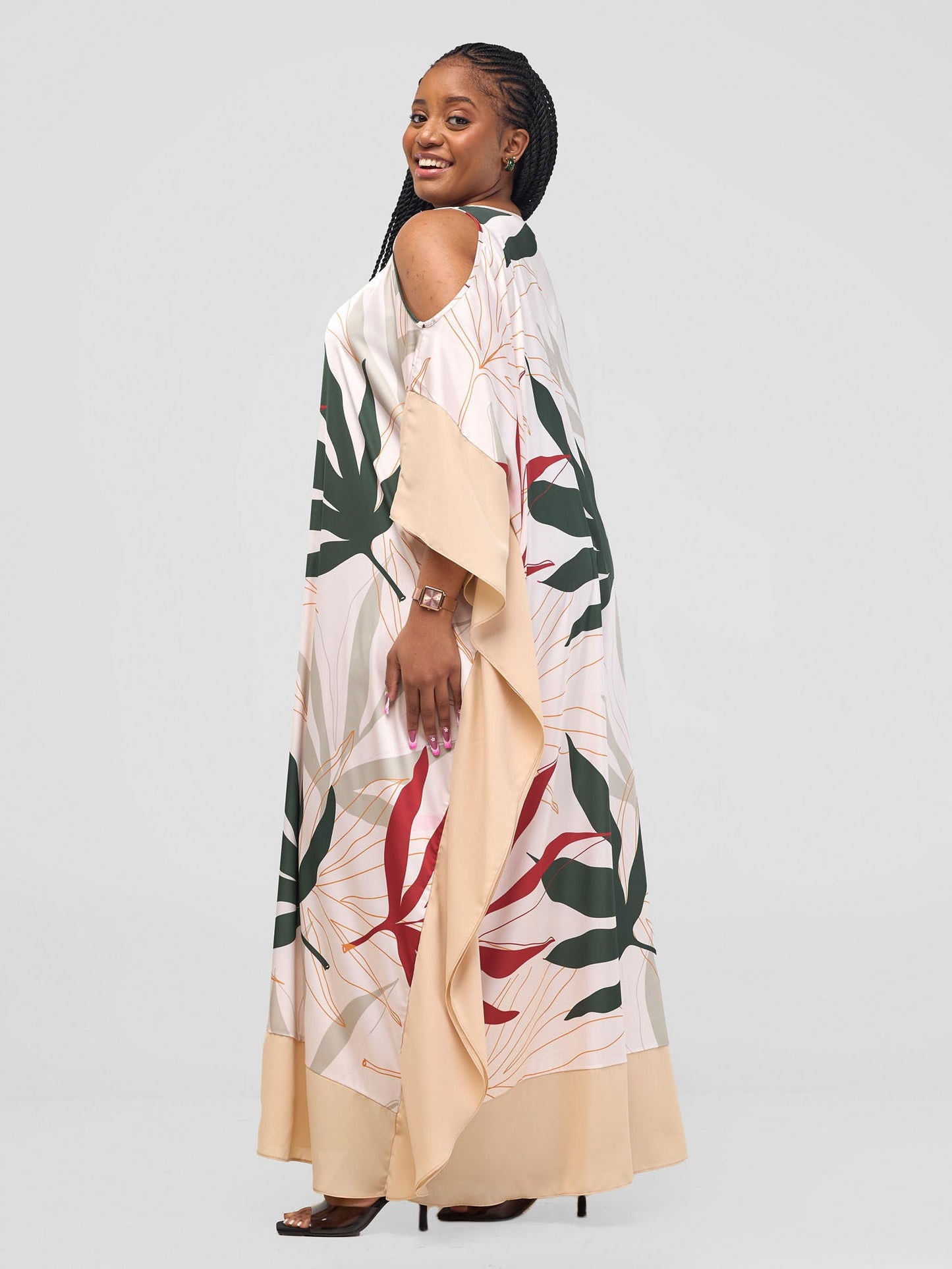Vivo Kelemi Maxi Kaftan Dress - Rust / Green Leke Print + Cream