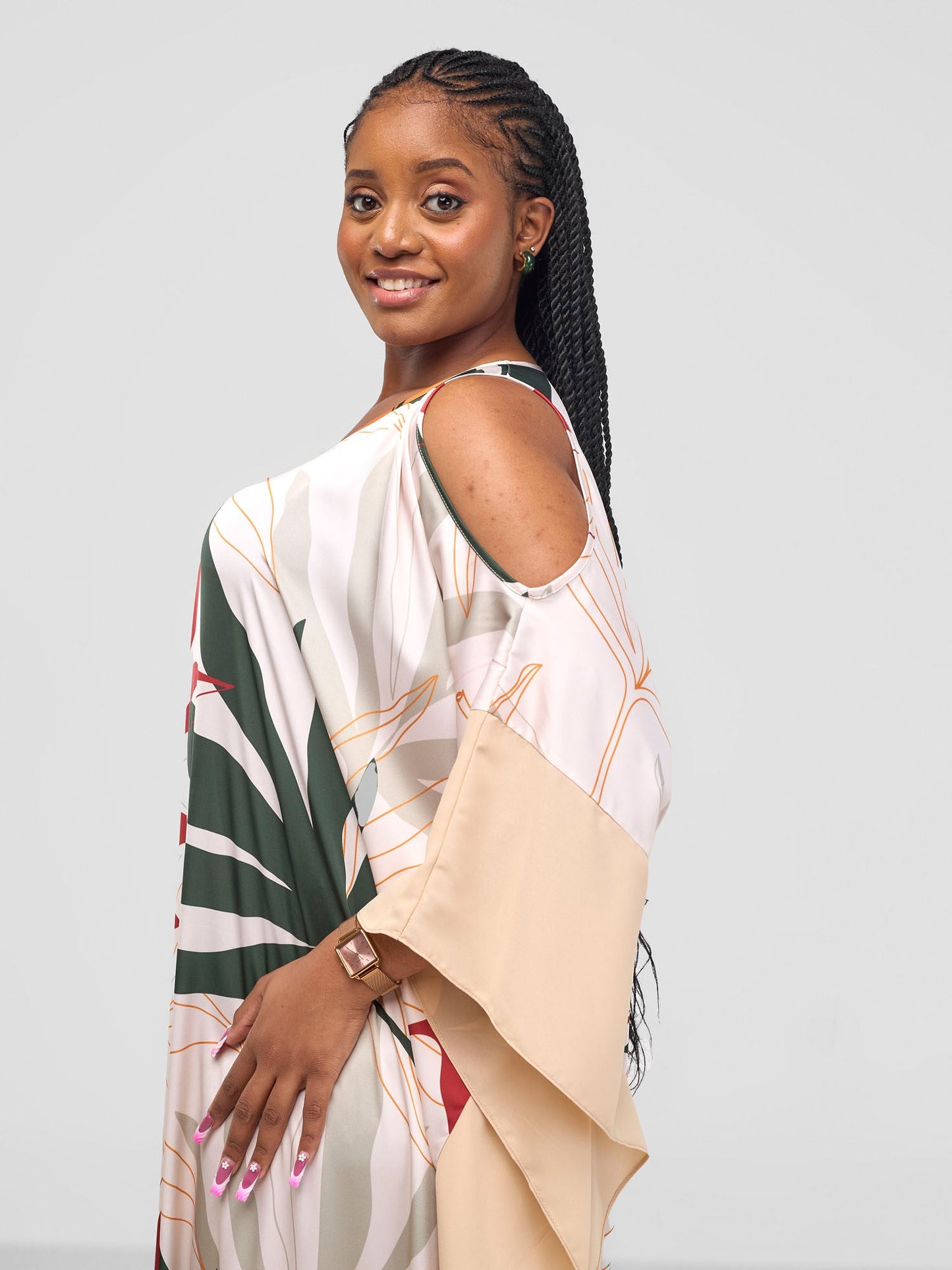 Vivo Kelemi Maxi Kaftan Dress - Rust / Green Leke Print + Cream