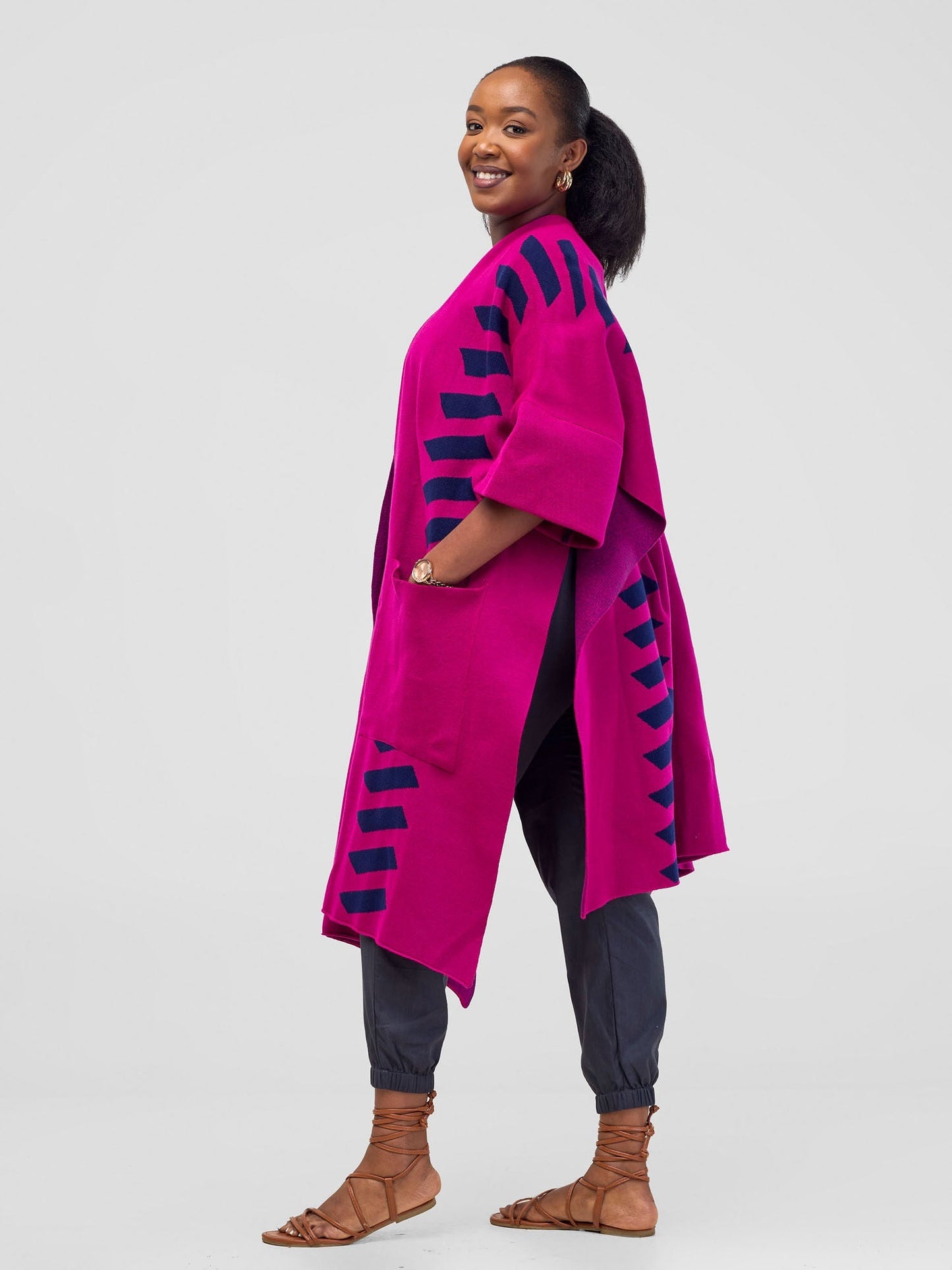 Safari Dila Poncho - Fuschia / Light Navy Blue