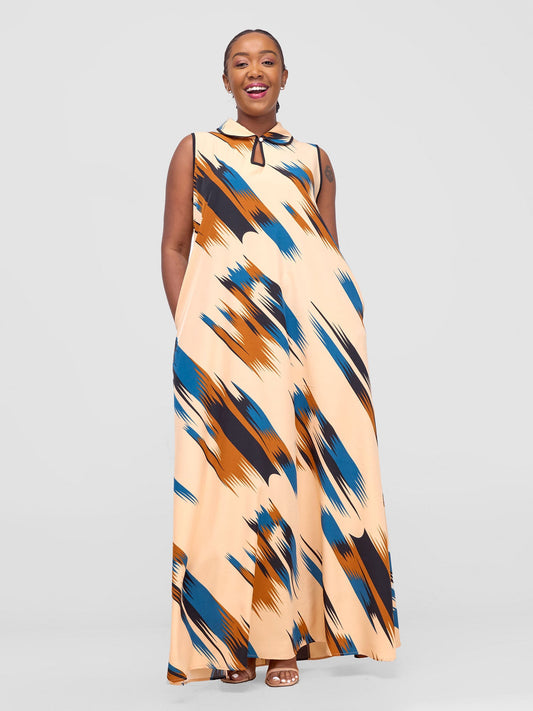 Vivo Shaa Sleeveless Maxi Dress - Cream / Teal Print