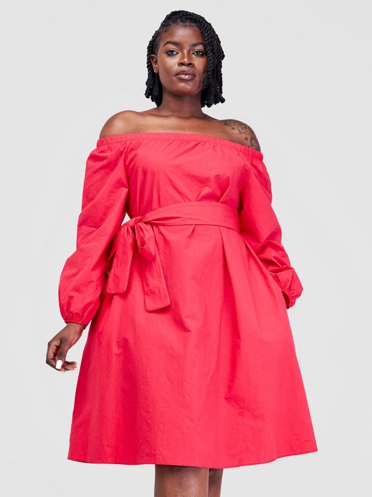 Safari Tawi Off Shoulder Knee Length Dress - Pink(Plain Belt)