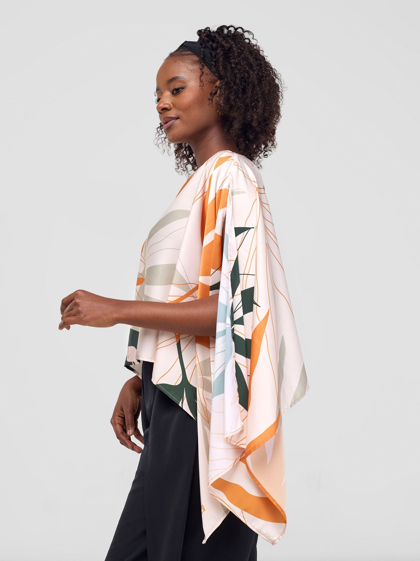 Vivo Kelemi Chiffon Boat Neck Midriff Top - Mustard / Green Leke Print