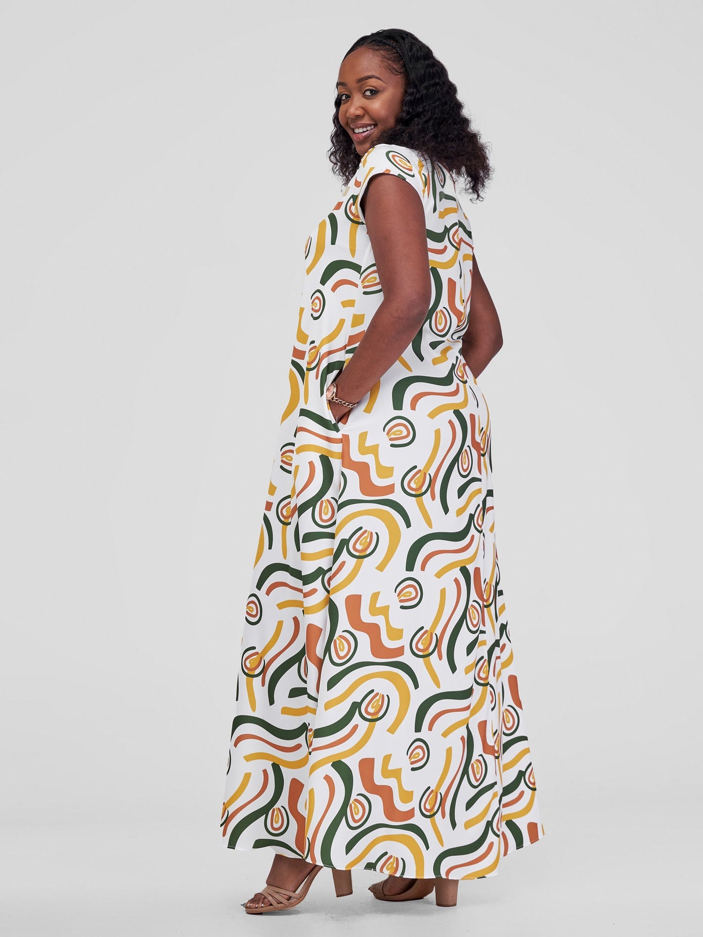 Vivo Zola V Neck Cap Sleeve Maxi Dress - Off White / Hunters Kemi Print