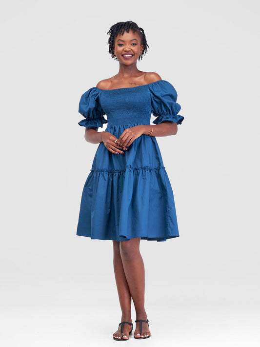 Safari Mara Shirred Bishop Sleeve Dress - Teal