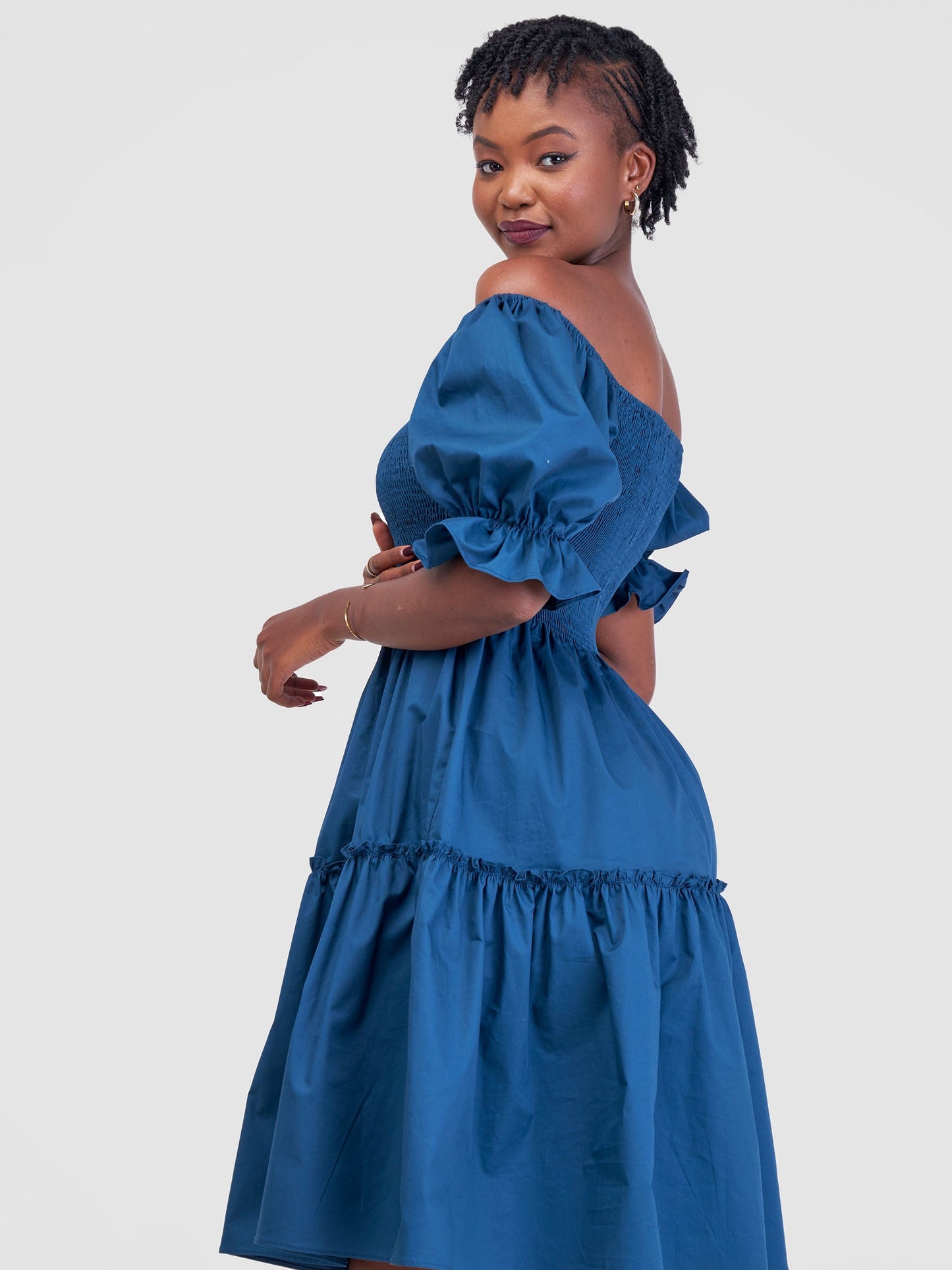 Safari Mara Shirred Bishop Sleeve Dress - Teal