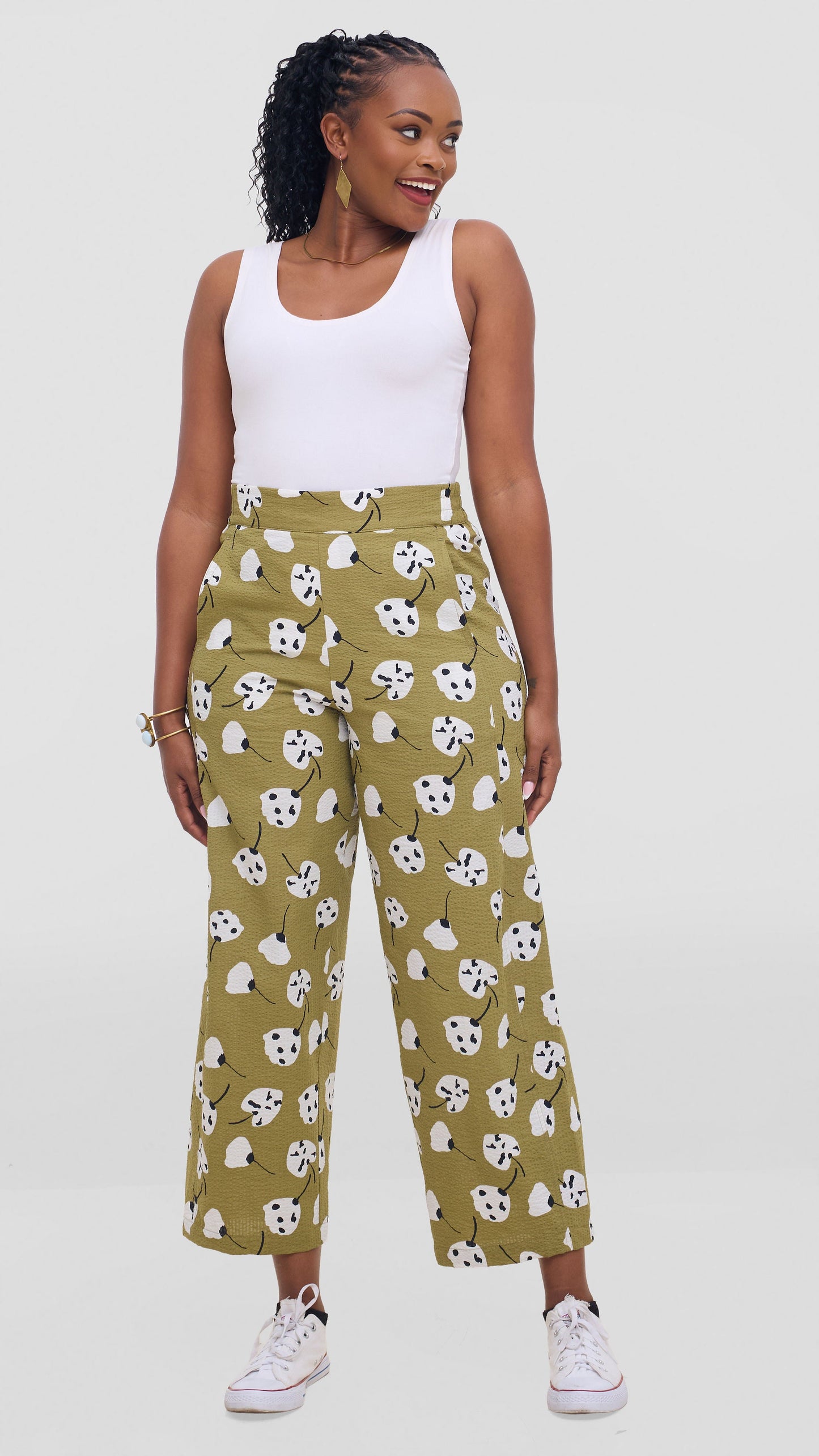 Safari by Vivo Zehra Barrel Pants - Olive / White Print