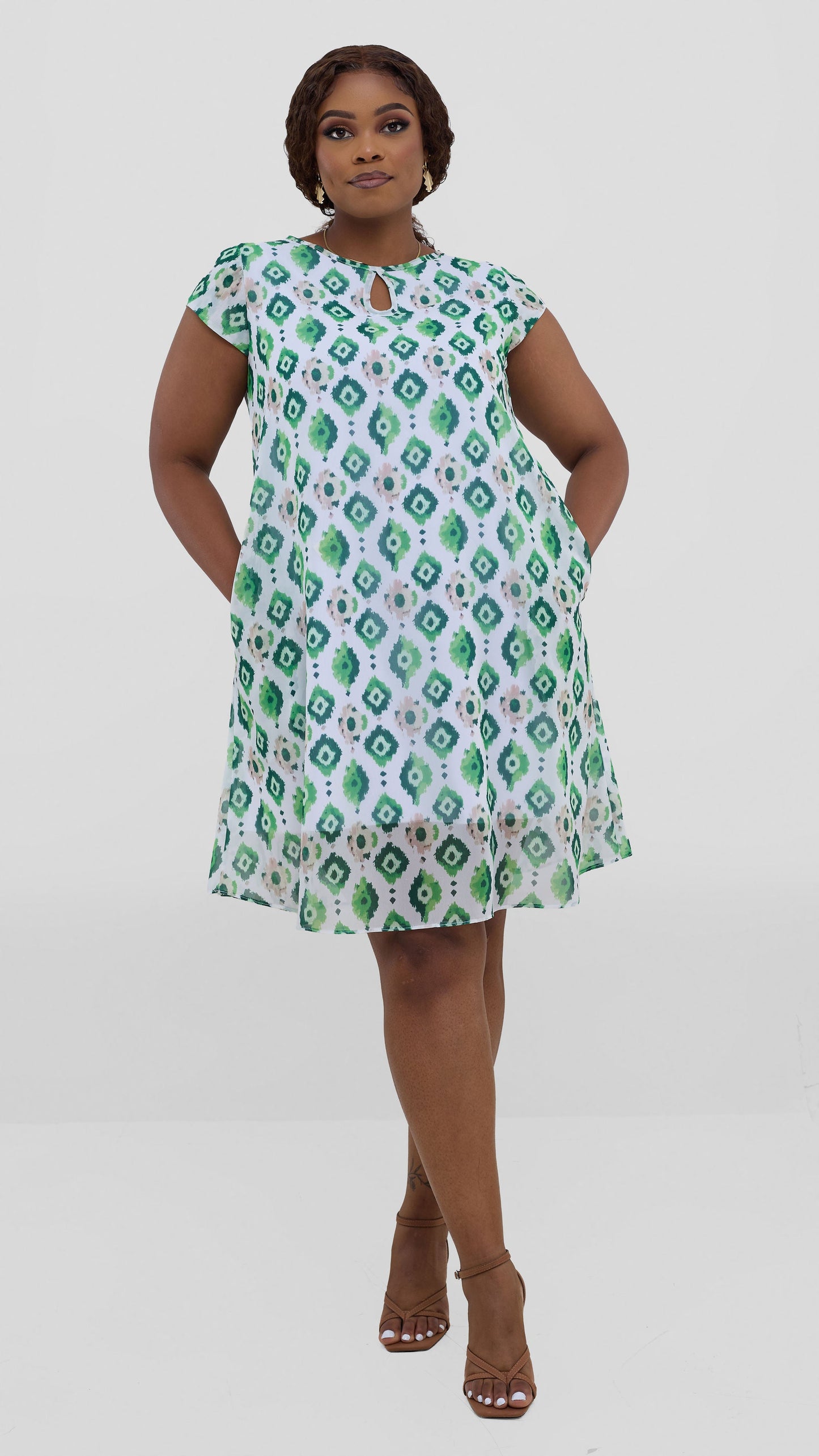 Vivo Sierra Cap Sleeve Tent Chiffon Dress - Mint Textured Print