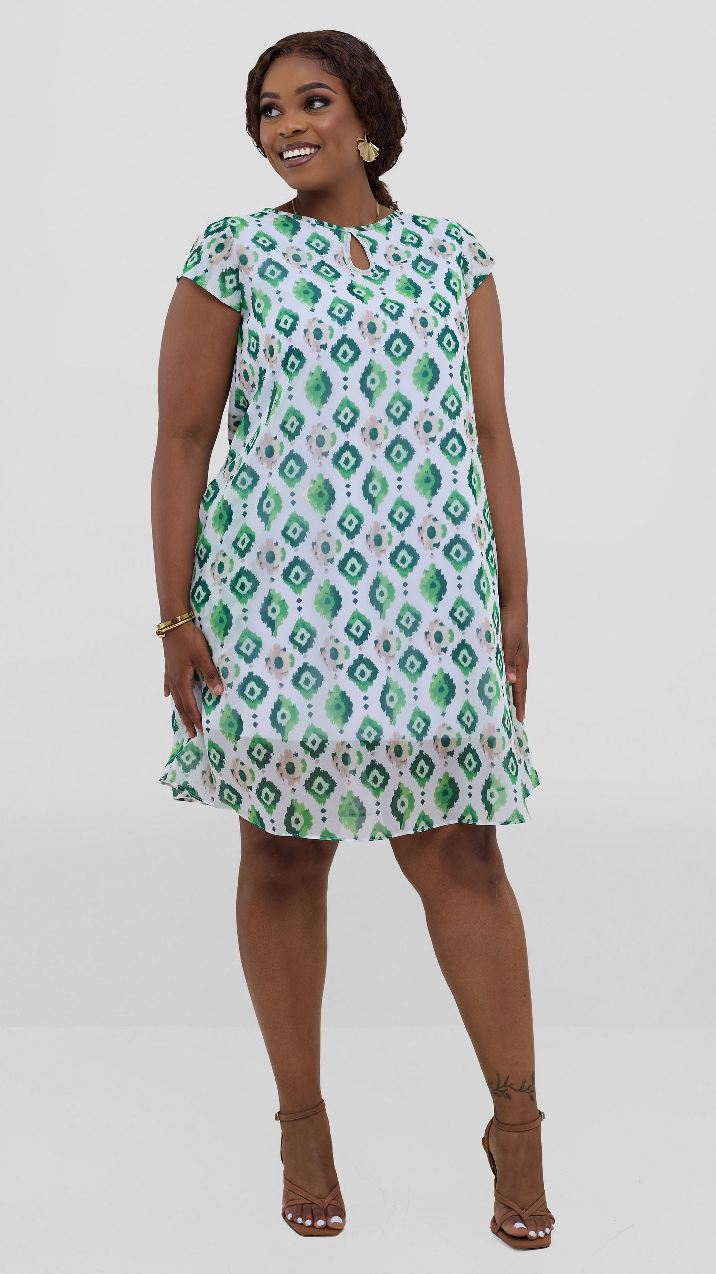 Vivo Sierra Cap Sleeve Tent Chiffon Dress - Mint Textured Print