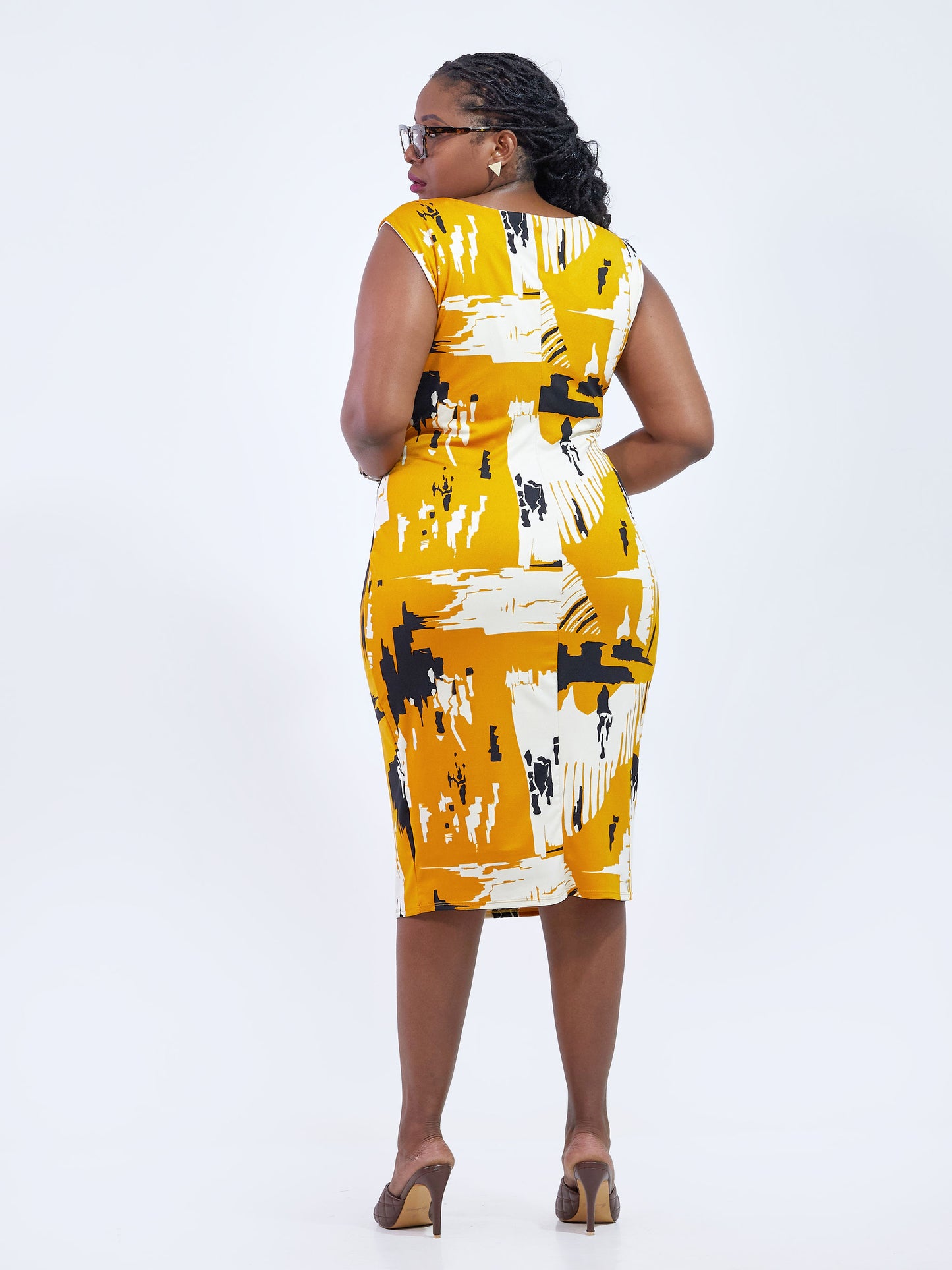 Vivo Basic Sleeveless Double Layered Bodycon - Mustard / Black Abstract