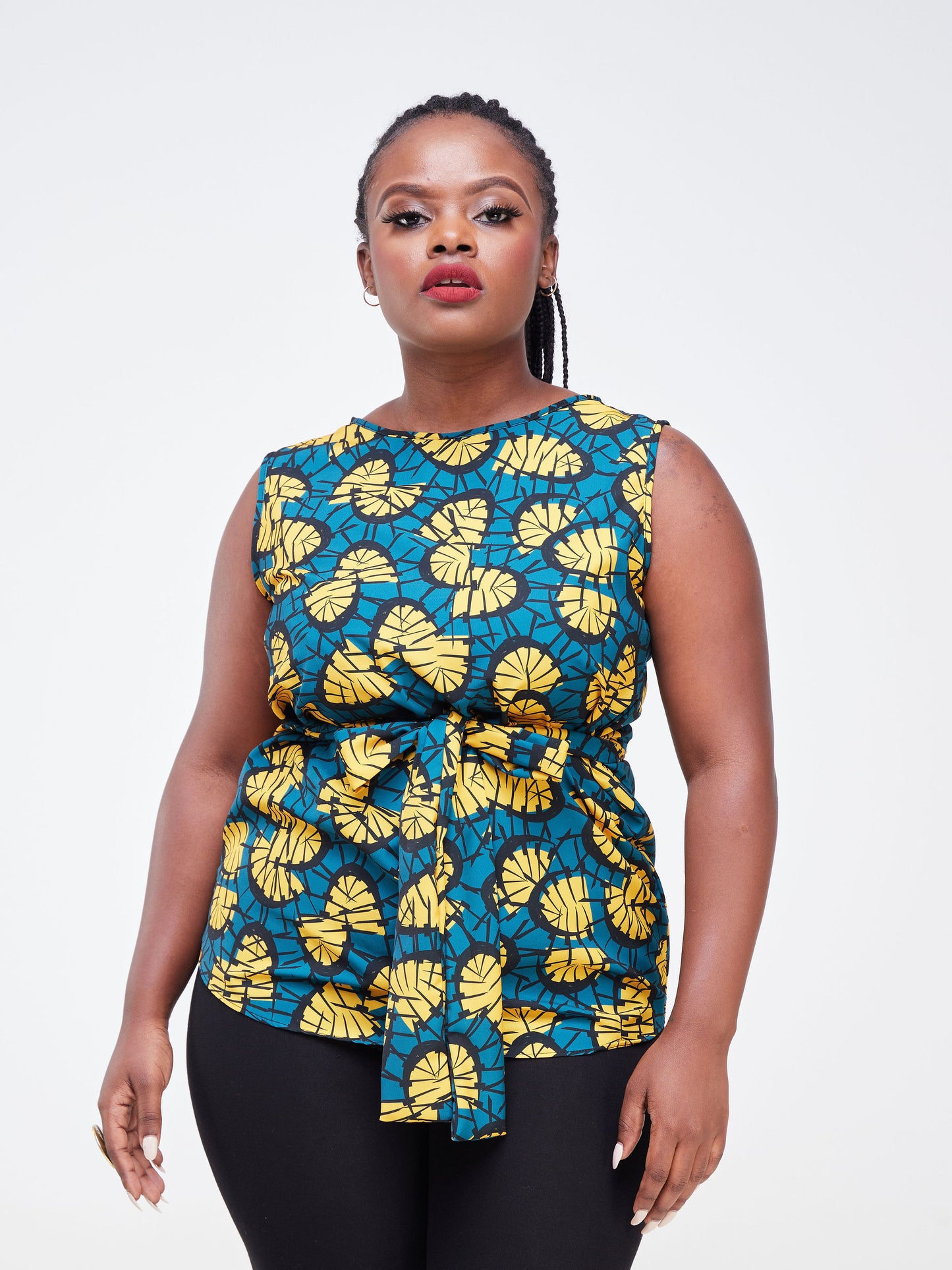Vivo Imali Sleeveless Waist Tie Top - Teal / Mustard Abstract Print