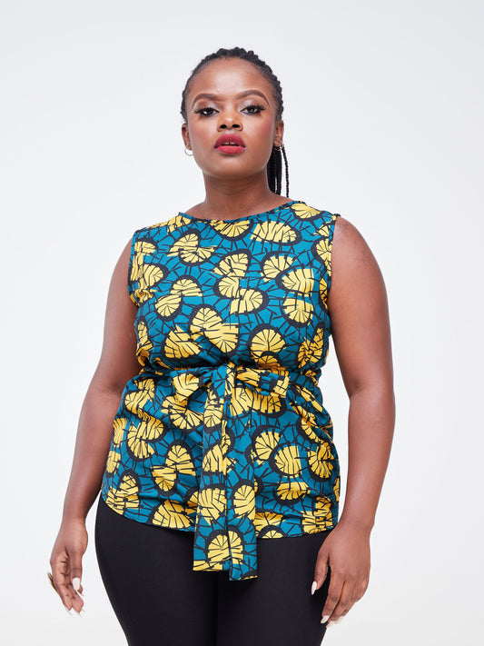 Vivo Imali Sleeveless Waist Tie Top - Teal / Mustard Abstract Print