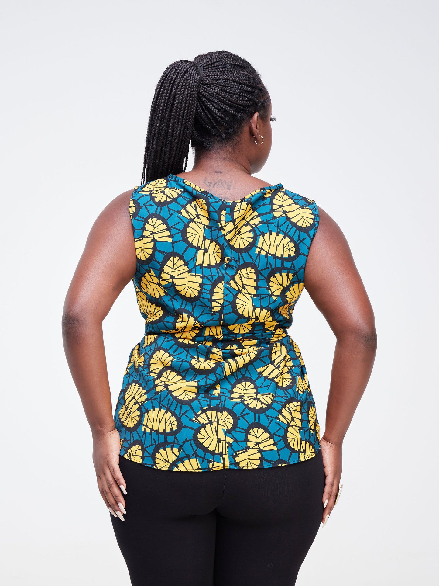 Vivo Imali Sleeveless Waist Tie Top - Teal / Mustard Abstract Print