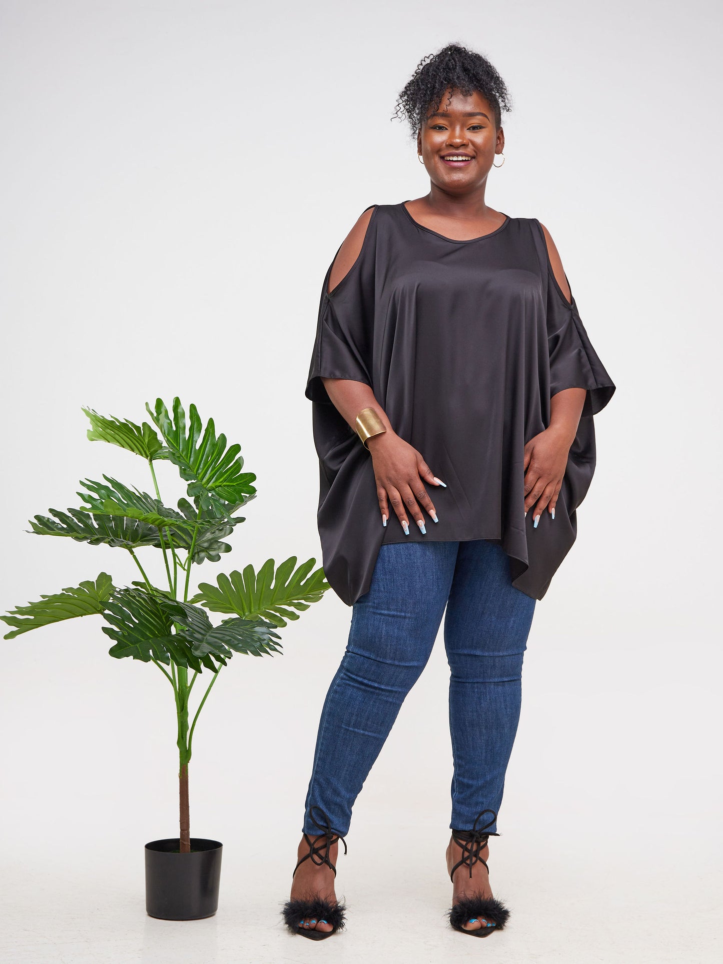 Vivo Asika Satin Cold Shoulder Top - Black