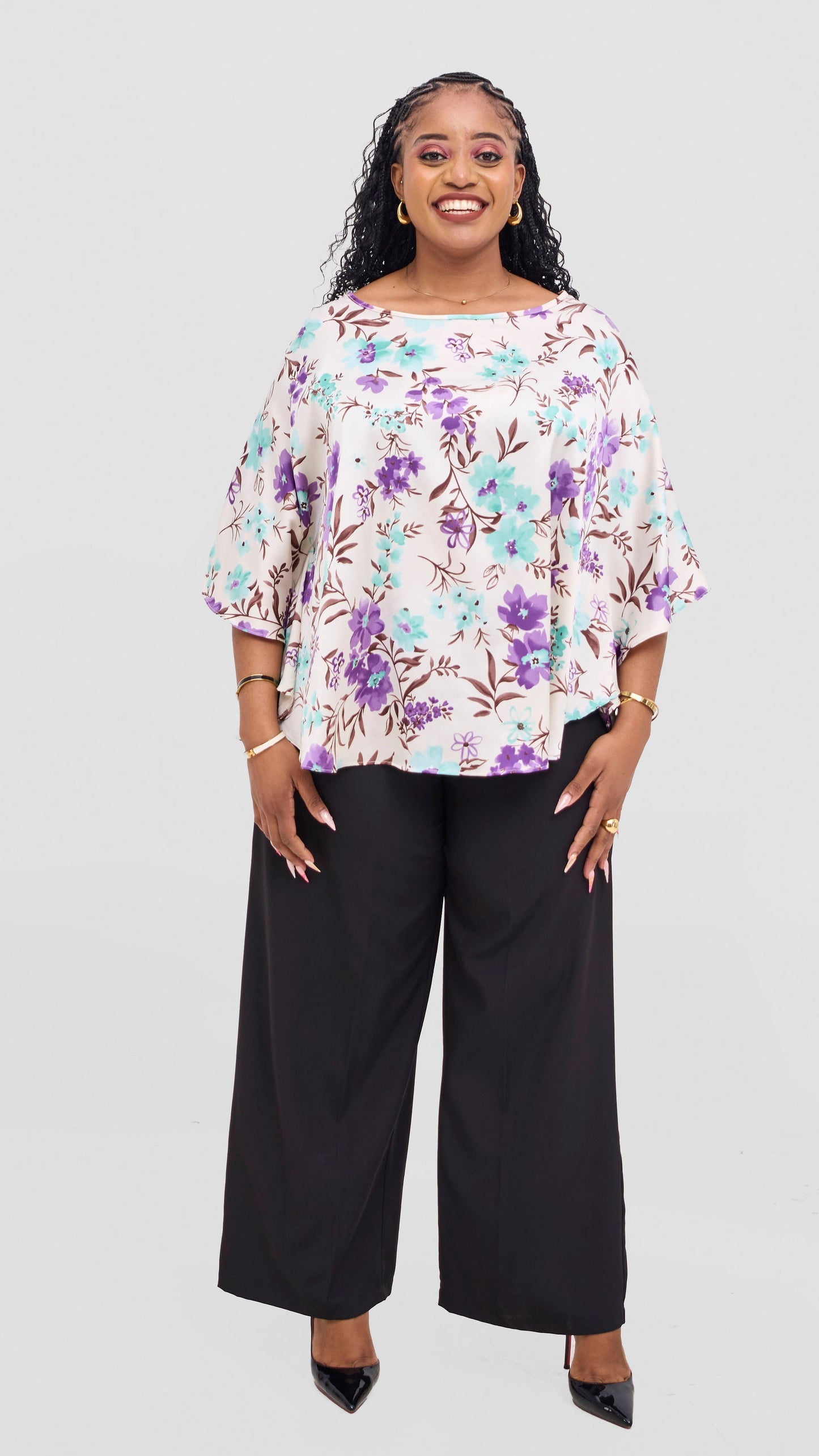 Vivo Keza  Circular Loose Top - Cream / Green Floral Print
