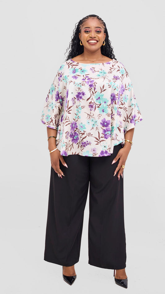 Vivo Keza  Circular Loose Top - Cream / Green Floral Print