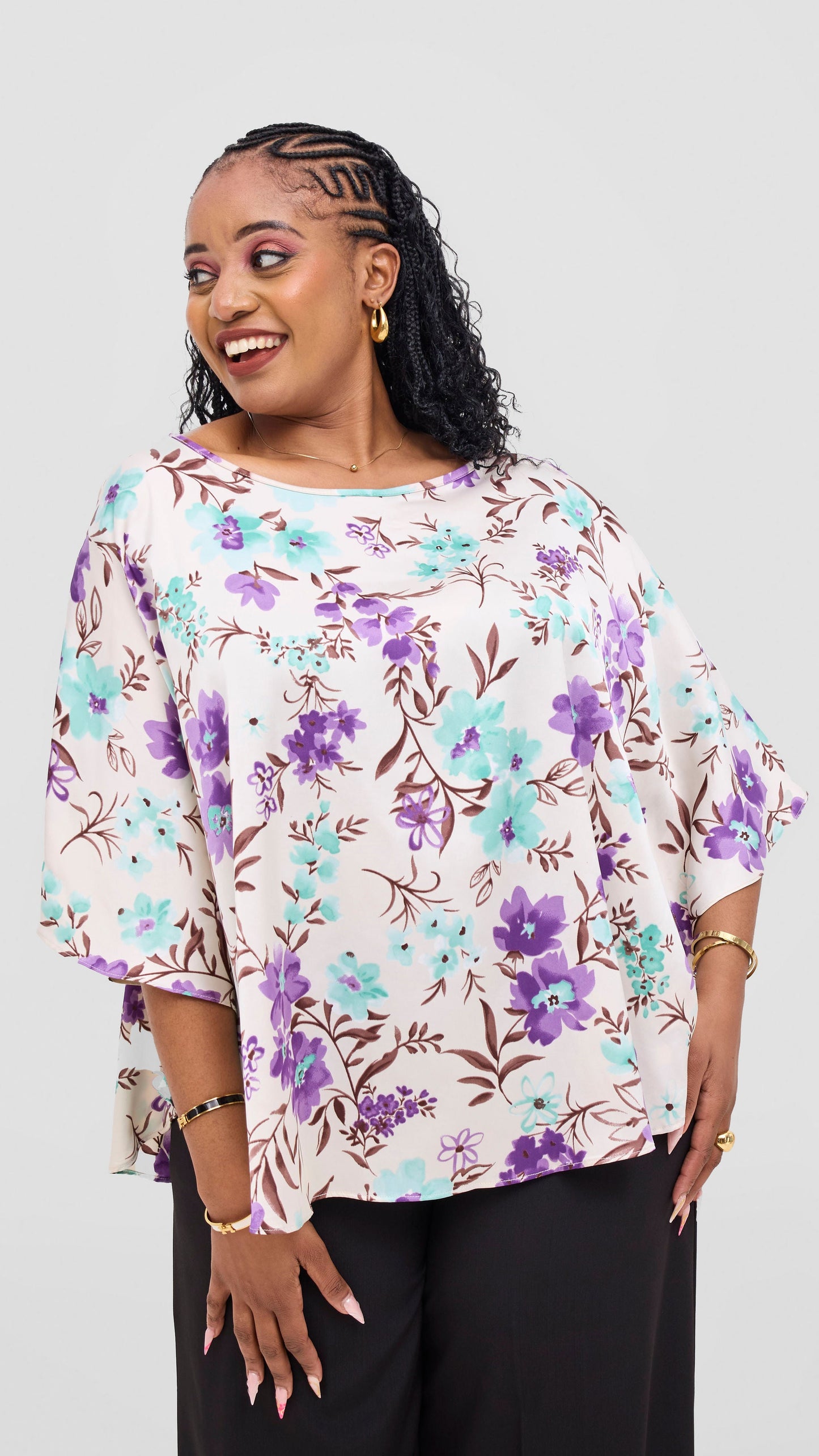 Vivo Keza  Circular Loose Top - Cream / Green Floral Print