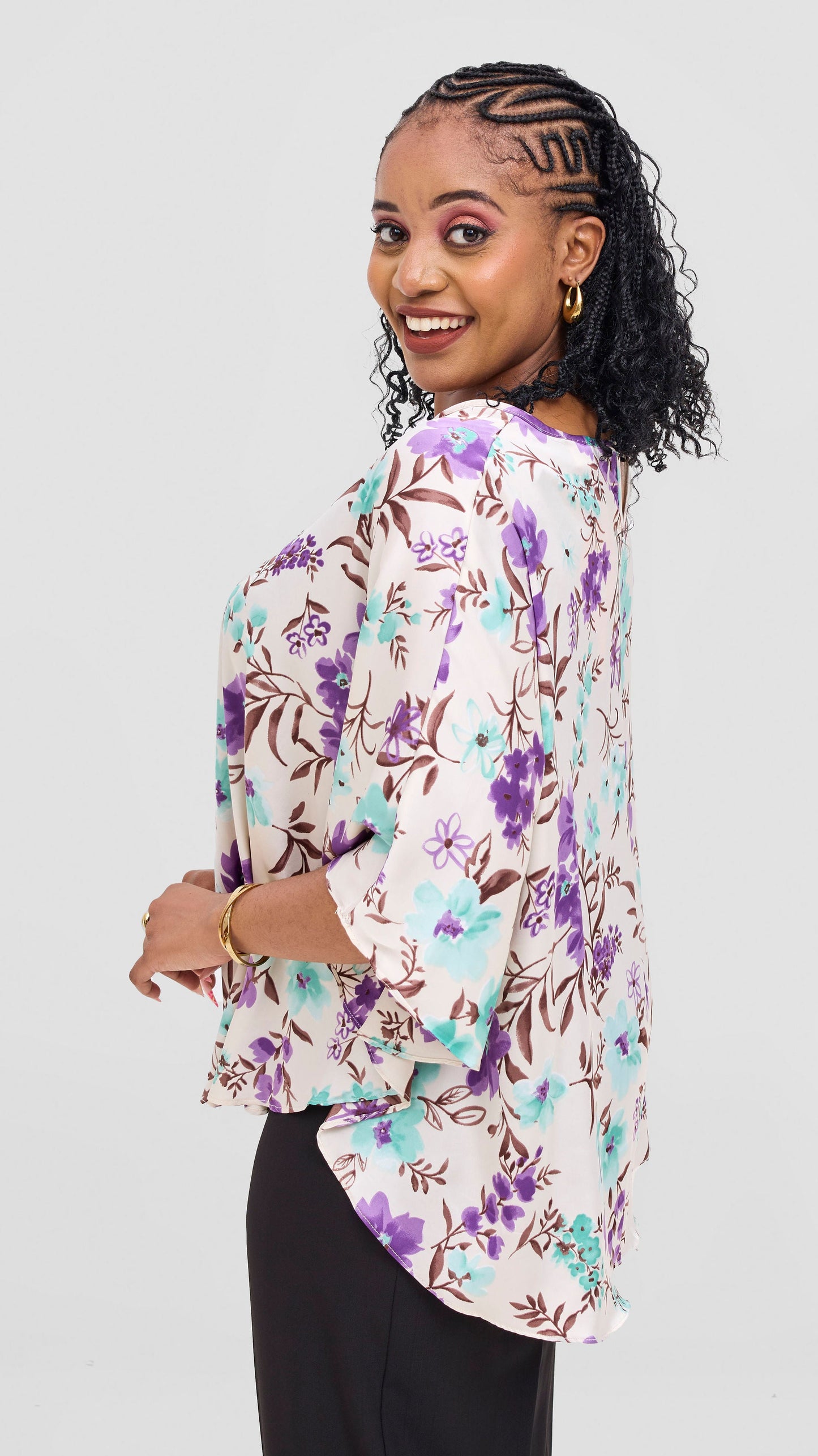 Vivo Keza  Circular Loose Top - Cream / Green Floral Print