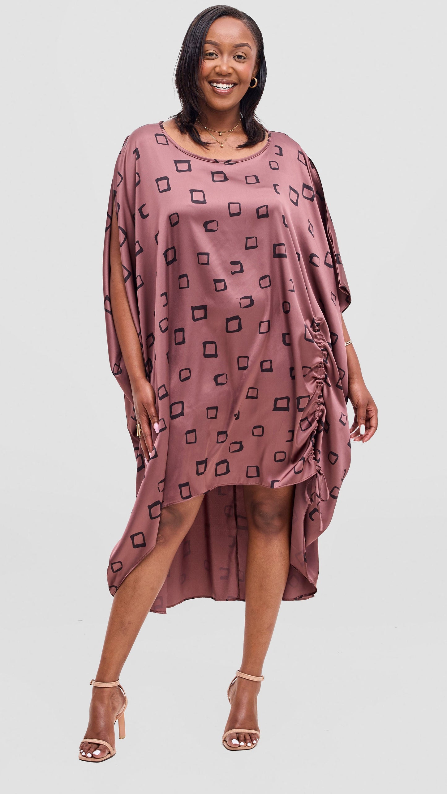 Vivo Samira Drawstring Top - Black / Light Taupe Nita Print