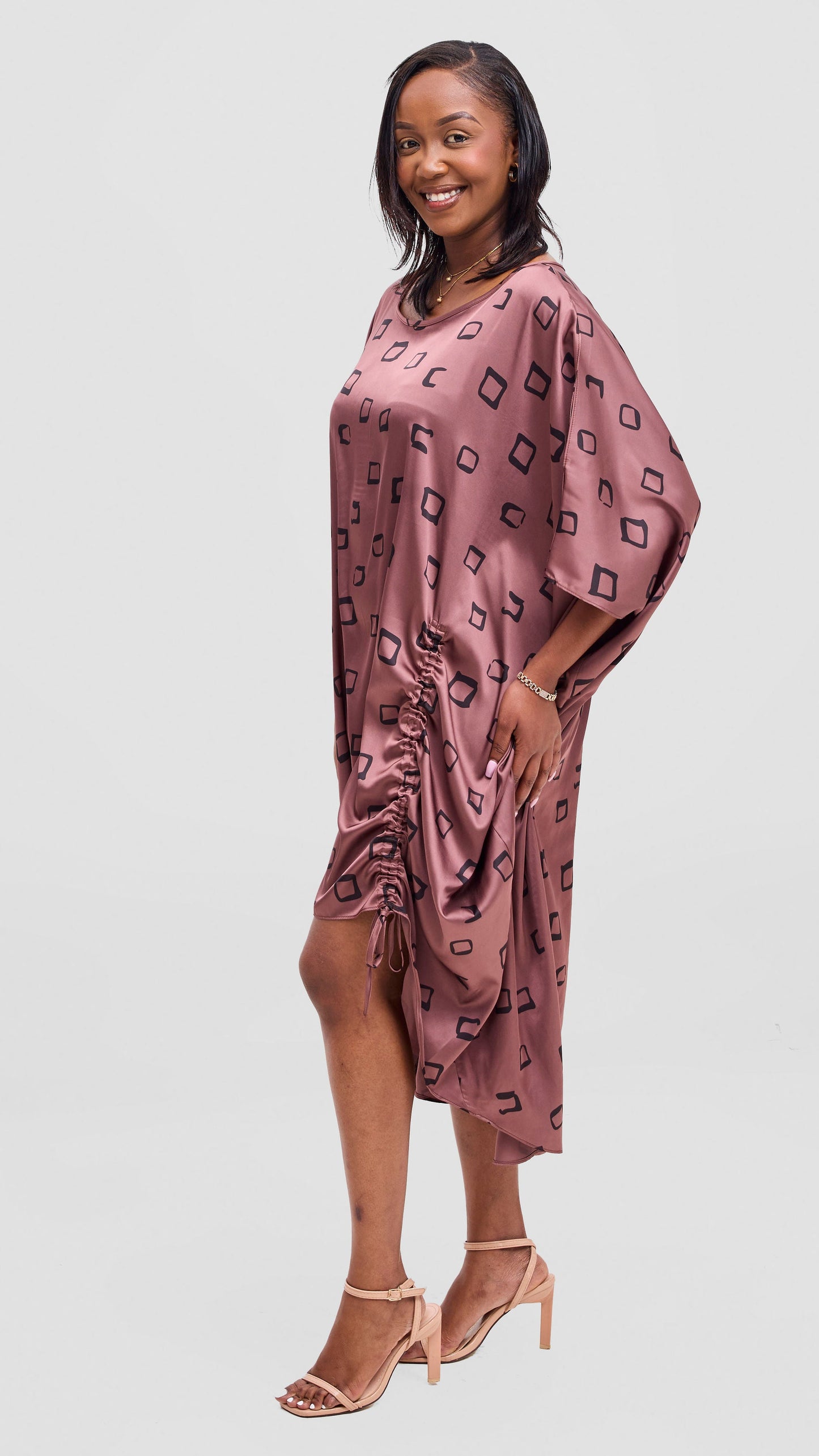 Vivo Samira Drawstring Top - Black / Light Taupe Nita Print