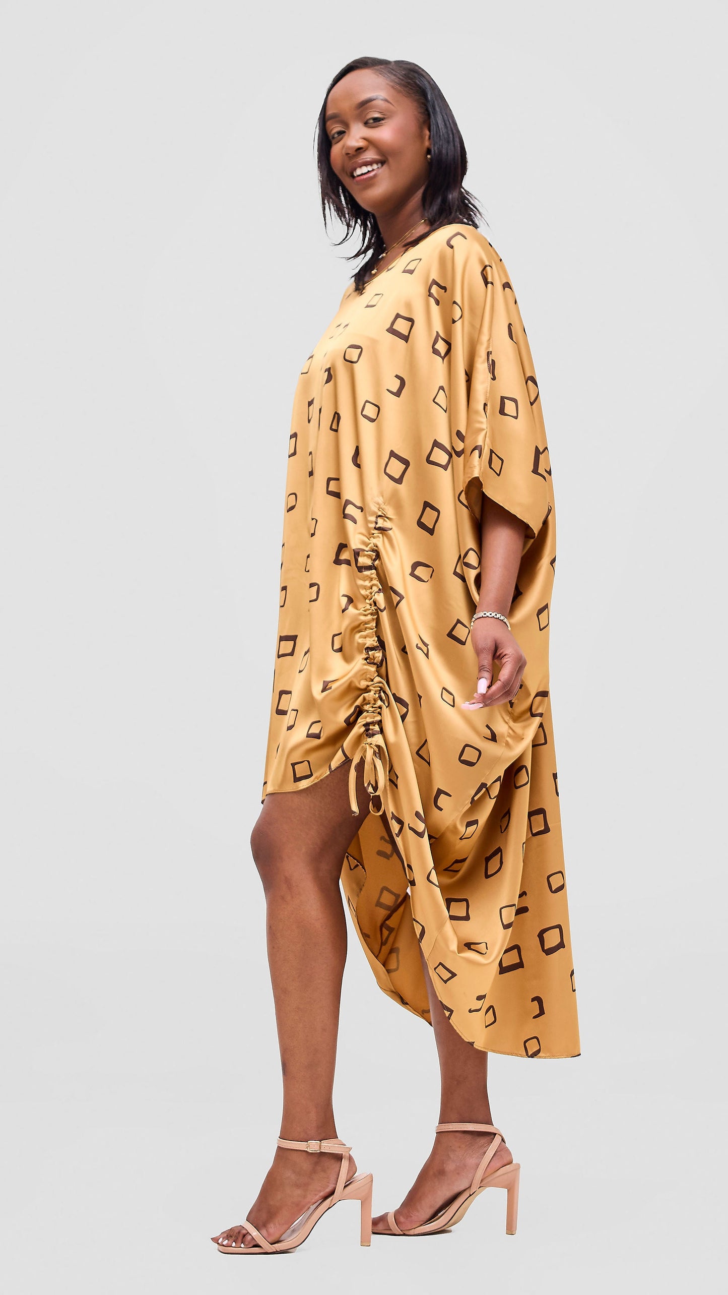 Vivo Samira Drawstring Top - Dark Brown / Light Yellow Nita Print
