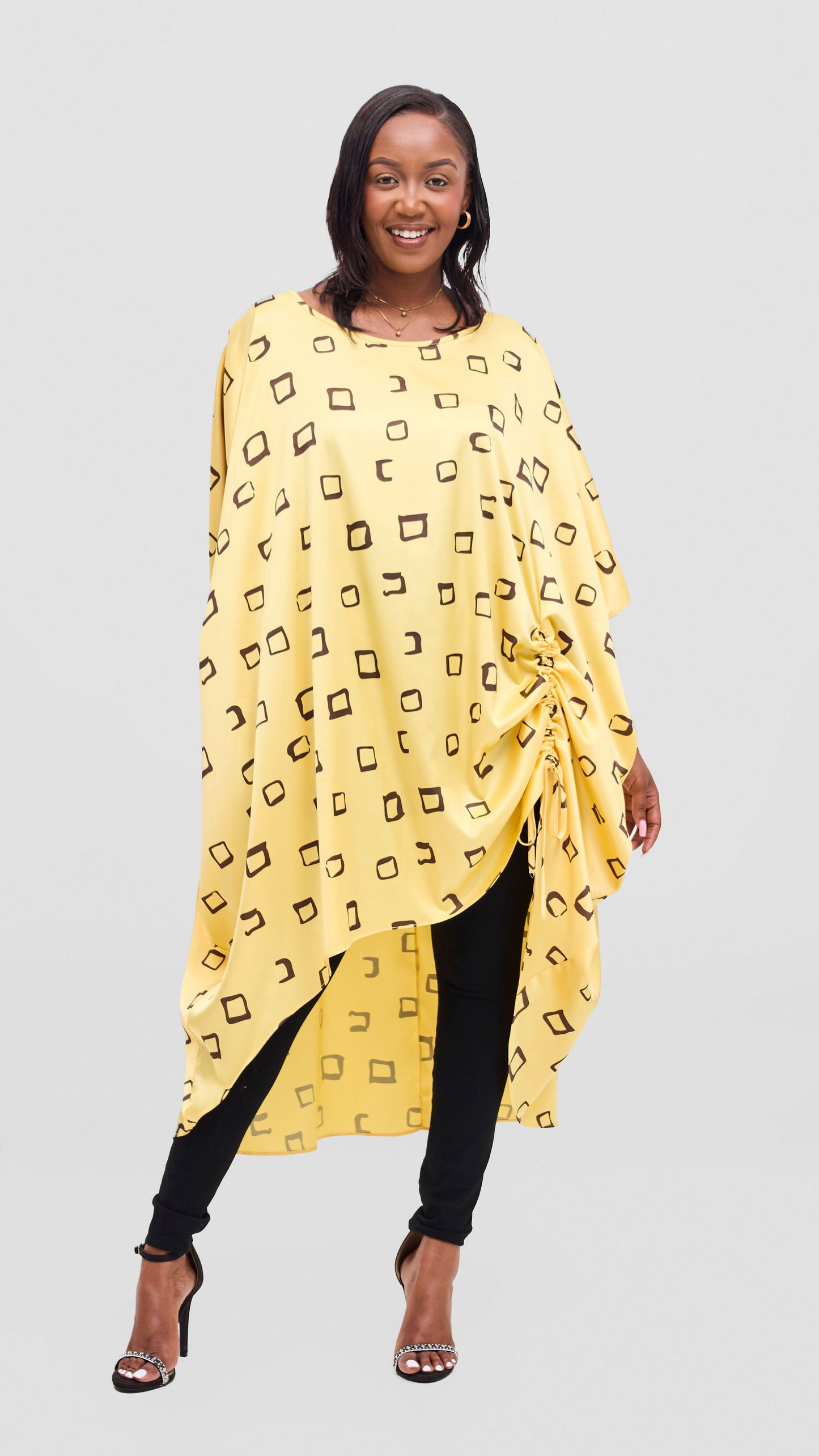 Vivo Samira Drawstring Top - Dark Brown / Light Yellow Nita Print