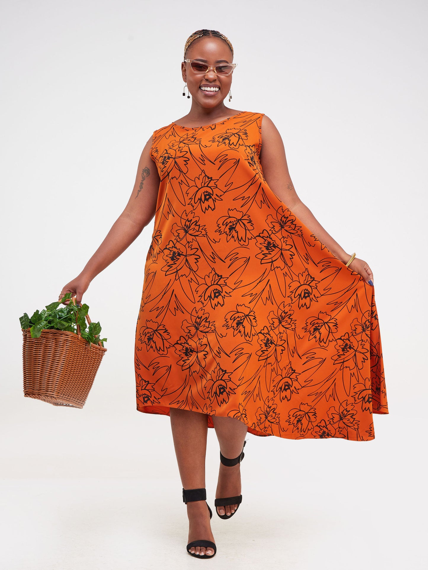 Vivo Nana Boat Neck Asymmetrical Dress - Rust / Black Abstract Print