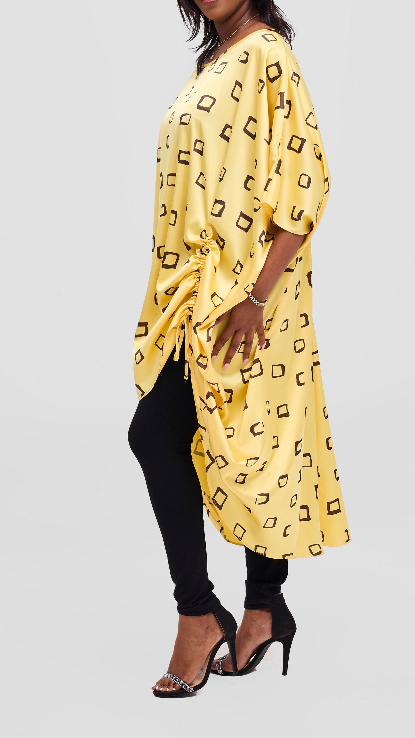 Vivo Samira Drawstring Top - Dark Brown / Light Yellow Nita Print