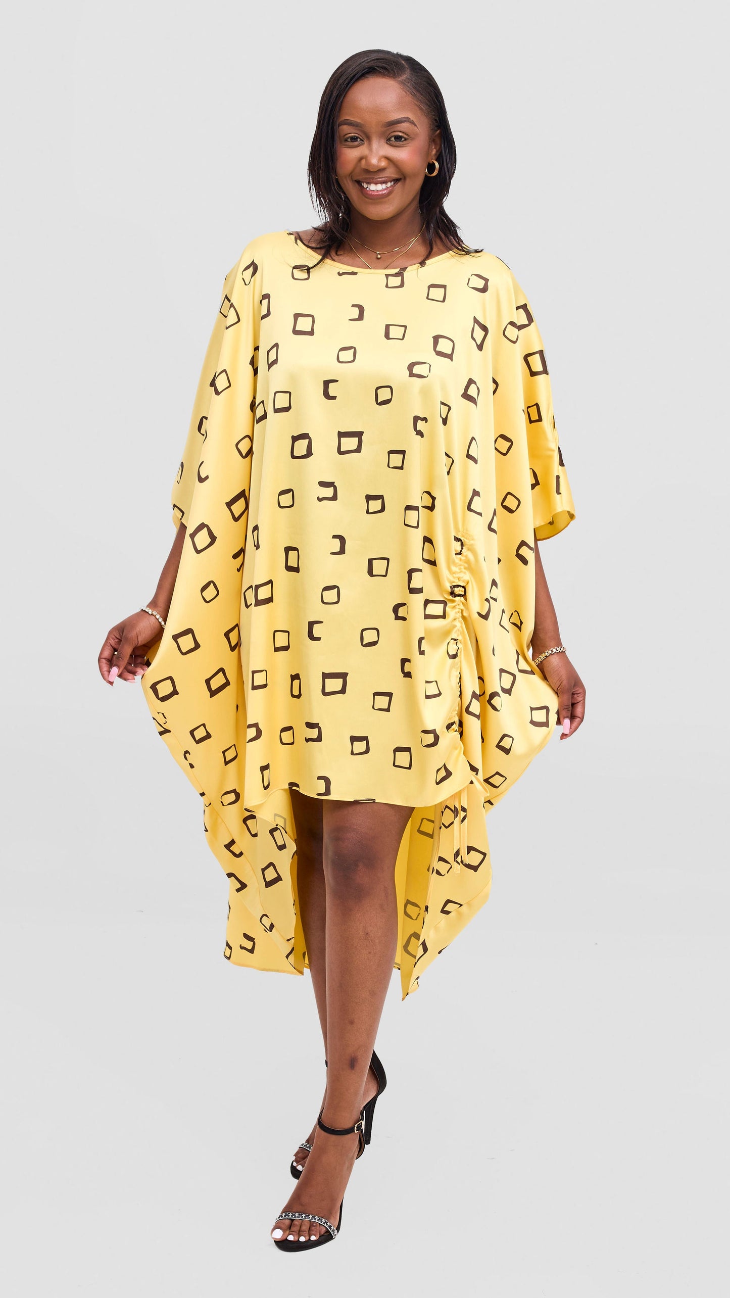 Vivo Samira Drawstring Top - Dark Brown / Light Yellow Nita Print