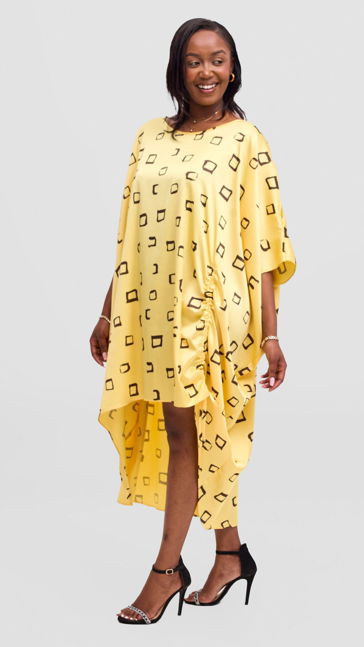 Vivo Samira Drawstring Top - Dark Brown / Light Yellow Nita Print