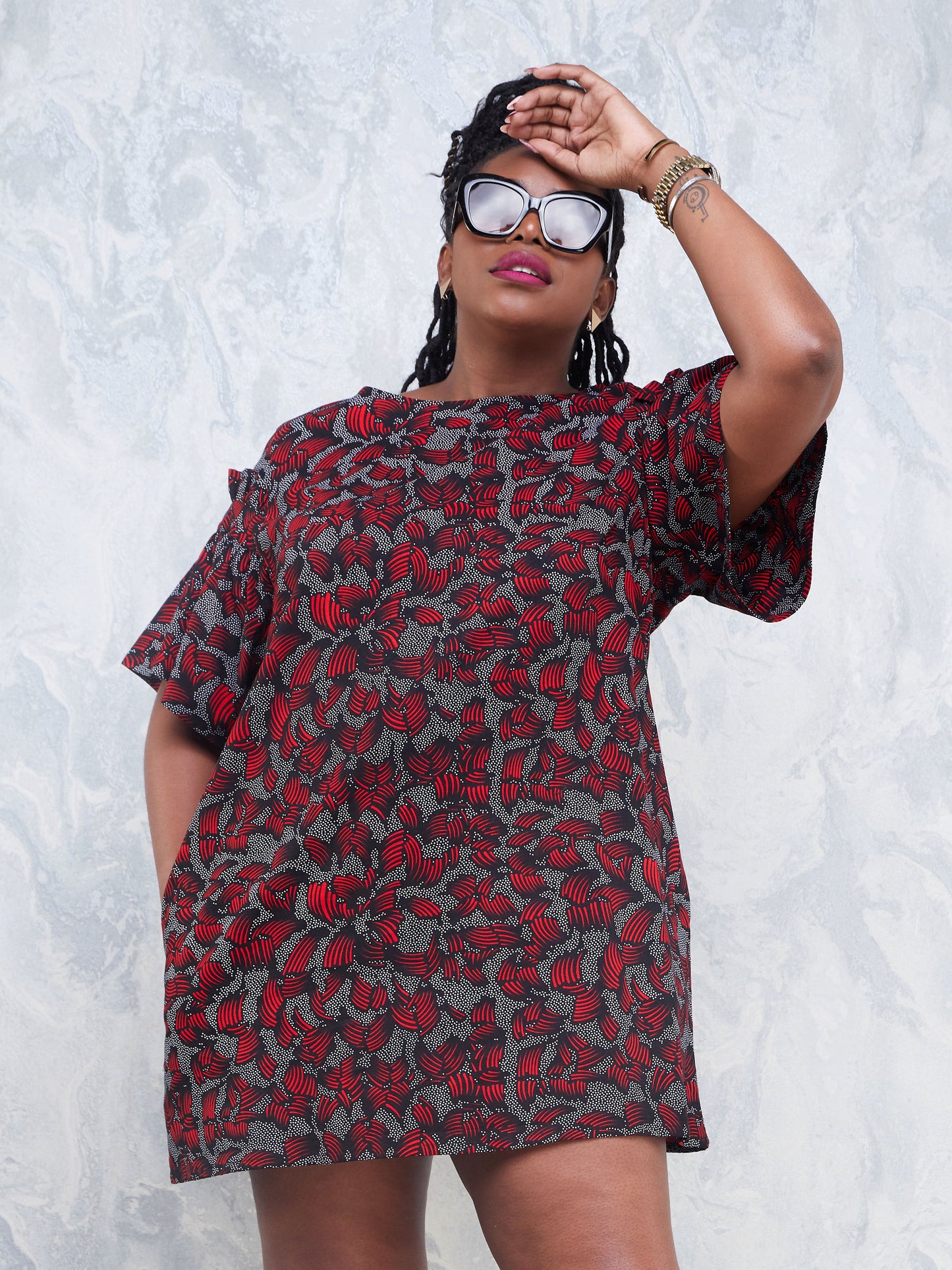 Nimali Ruffle Sleeve Short Dress - Black / Red Ankara Print