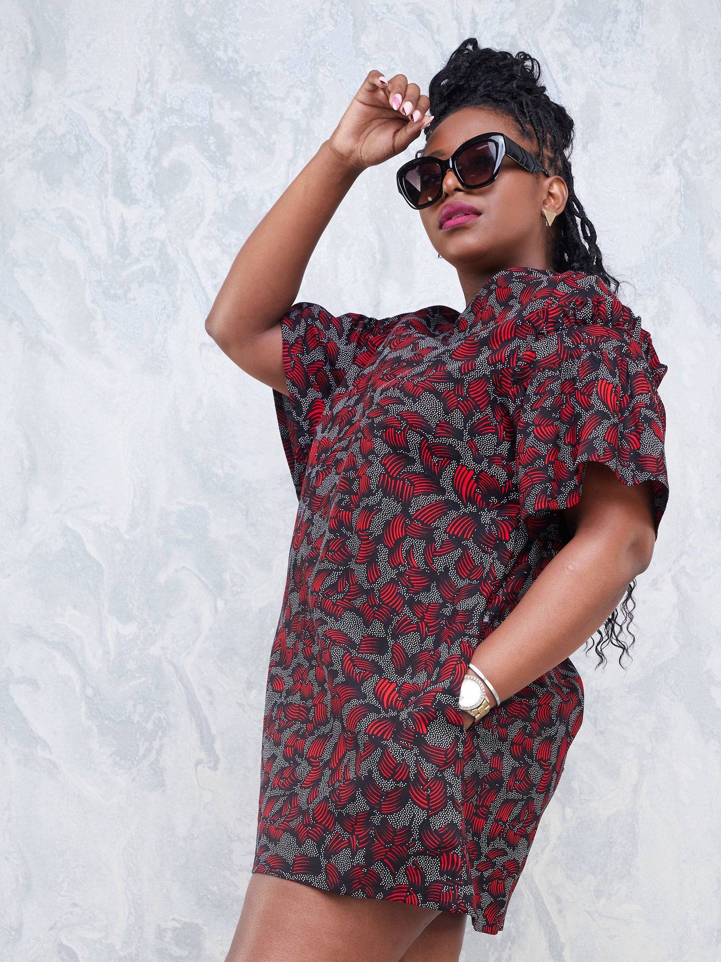 Nimali Ruffle Sleeve Short Dress - Black / Red Ankara Print