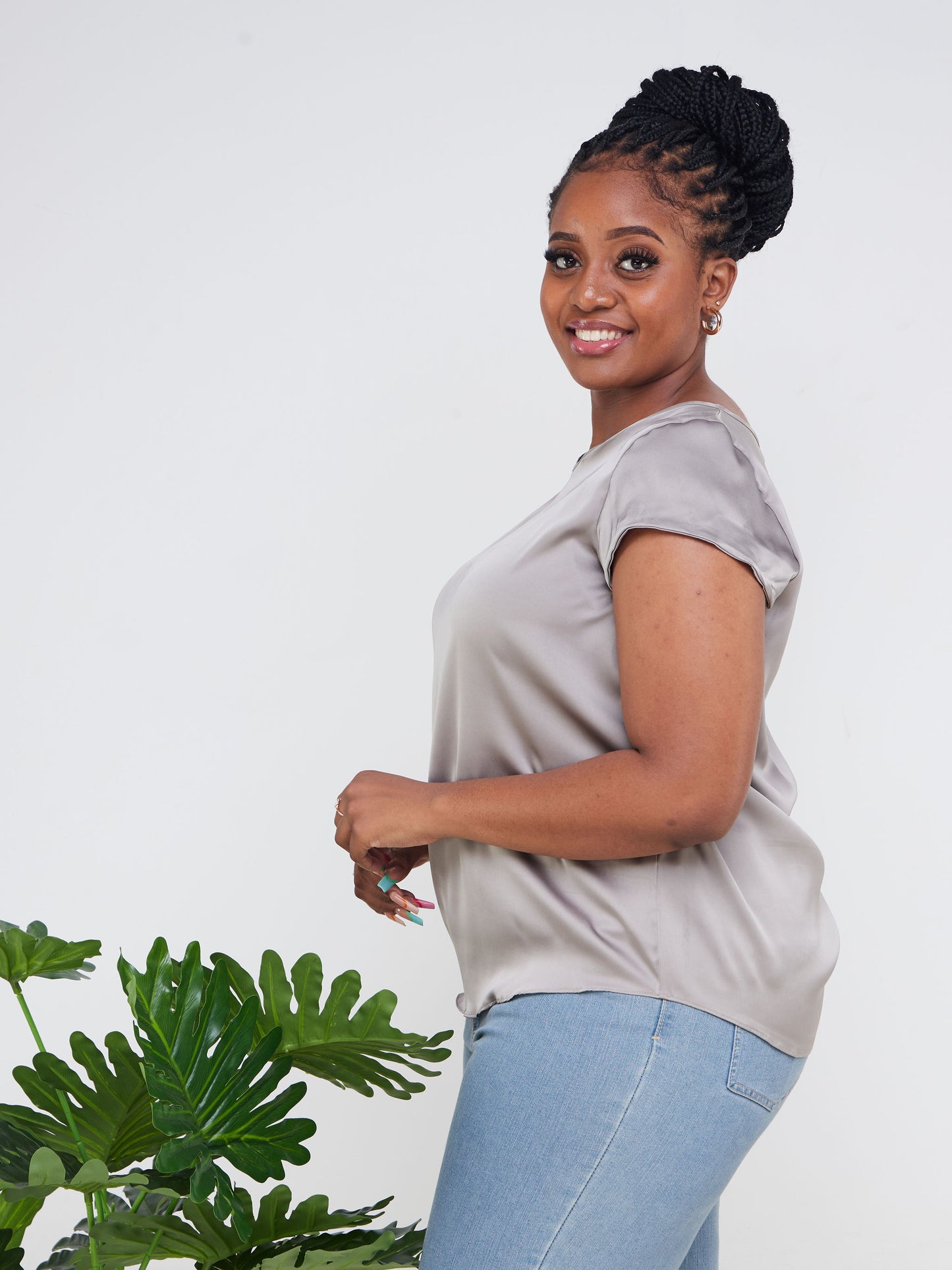 Vivo Basic Satin Cap Sleeve Top - Grey