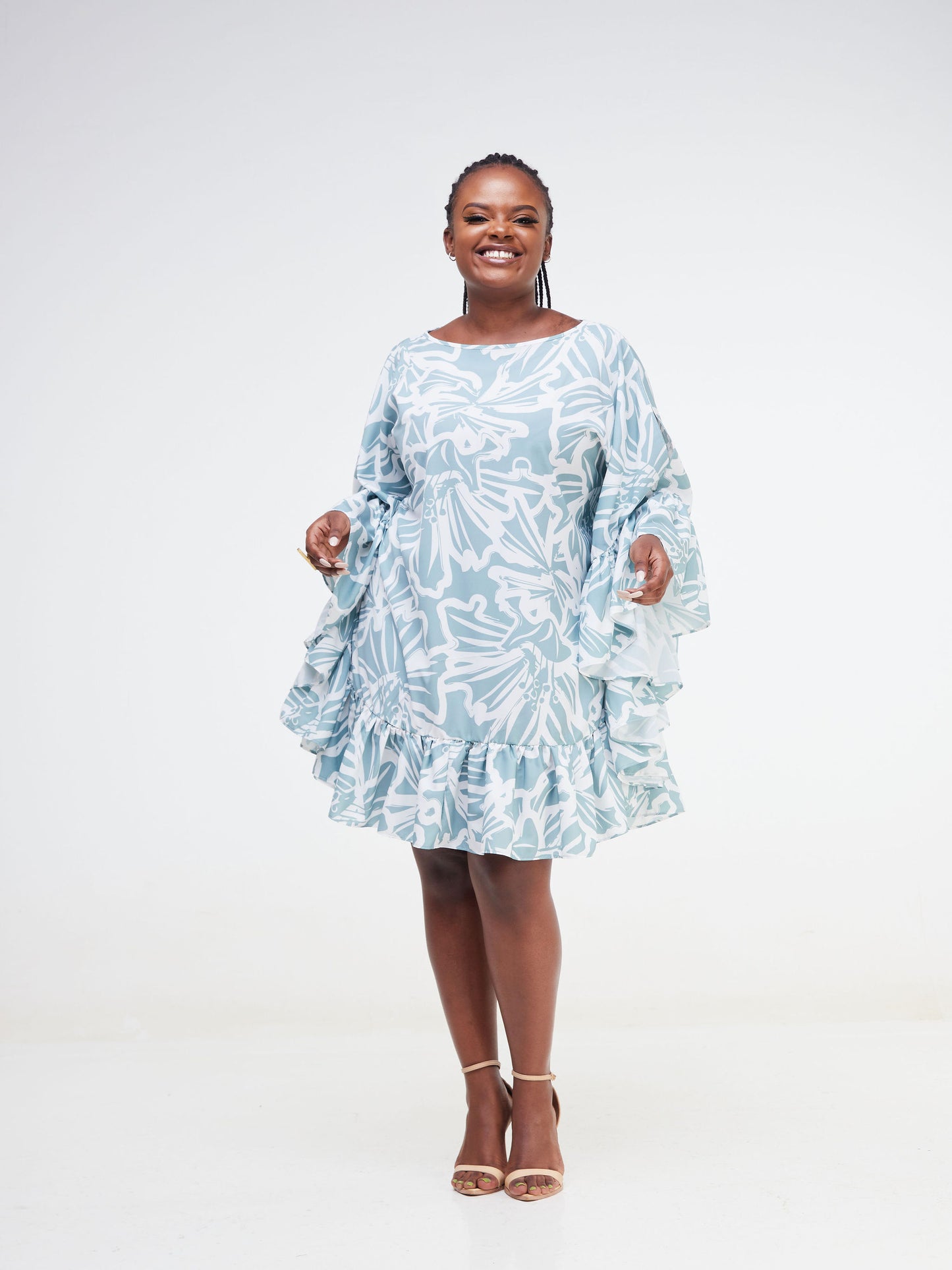 Vivo Malindi Flounce Kaftan Dress (JK) - White / Mint Green Abstract Print