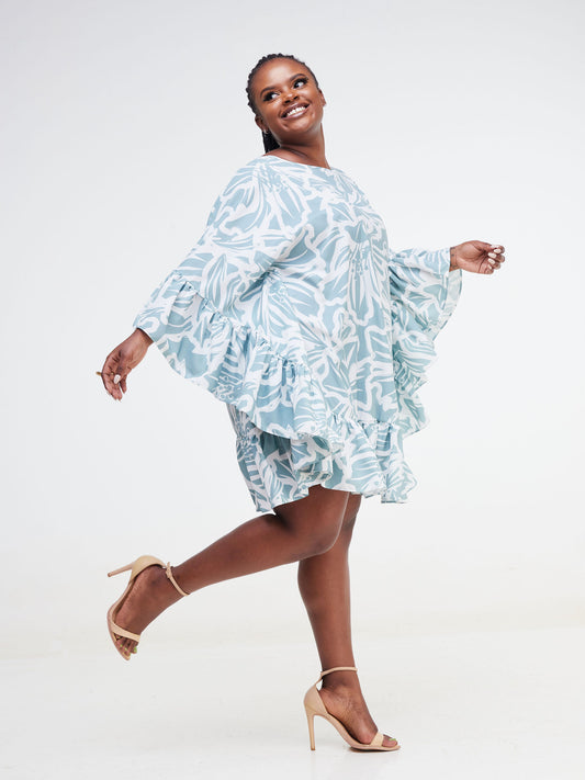Vivo Malindi Flounce Kaftan Dress (JK) - White / Mint Green Abstract Print
