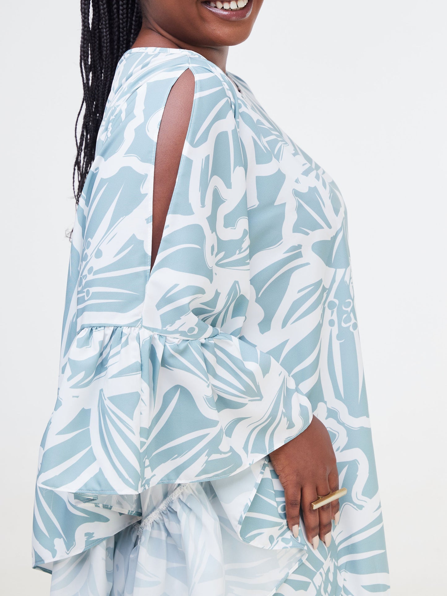 Vivo Malindi Flounce Kaftan Dress (JK) - White / Mint Green Abstract Print