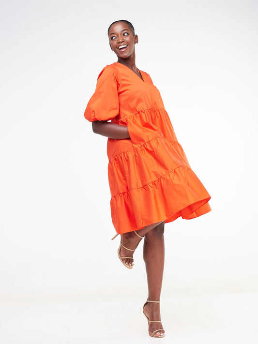 Safari Tawi Bishop Sleeve Tiered Dress - Orange