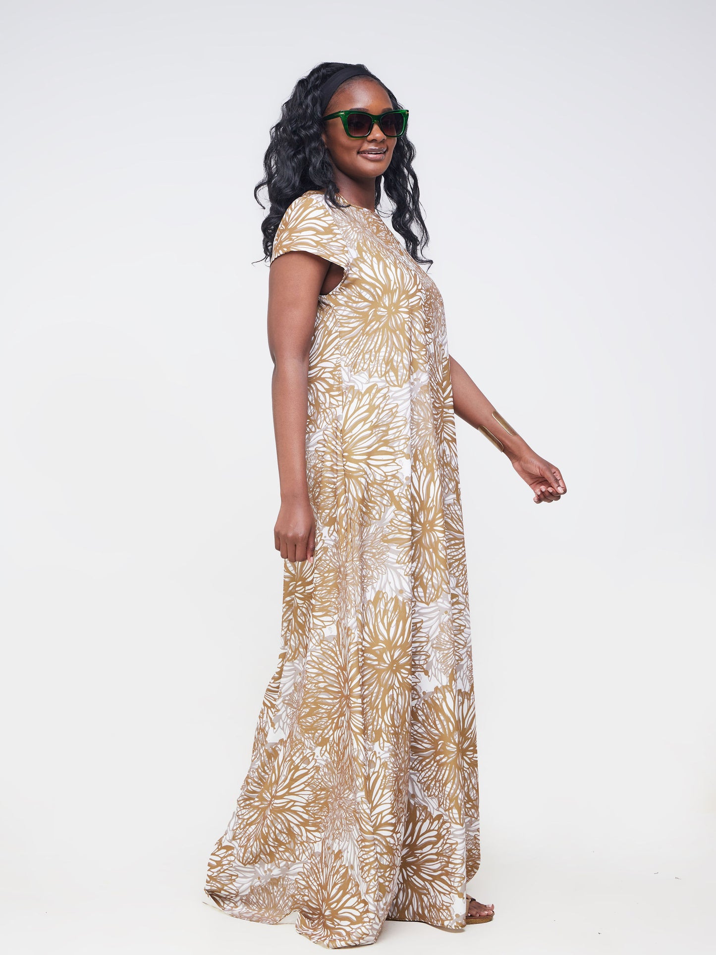 Vivo Basic Cap Sleeved Tent Maxi Dress - Brown Dandelion Floral