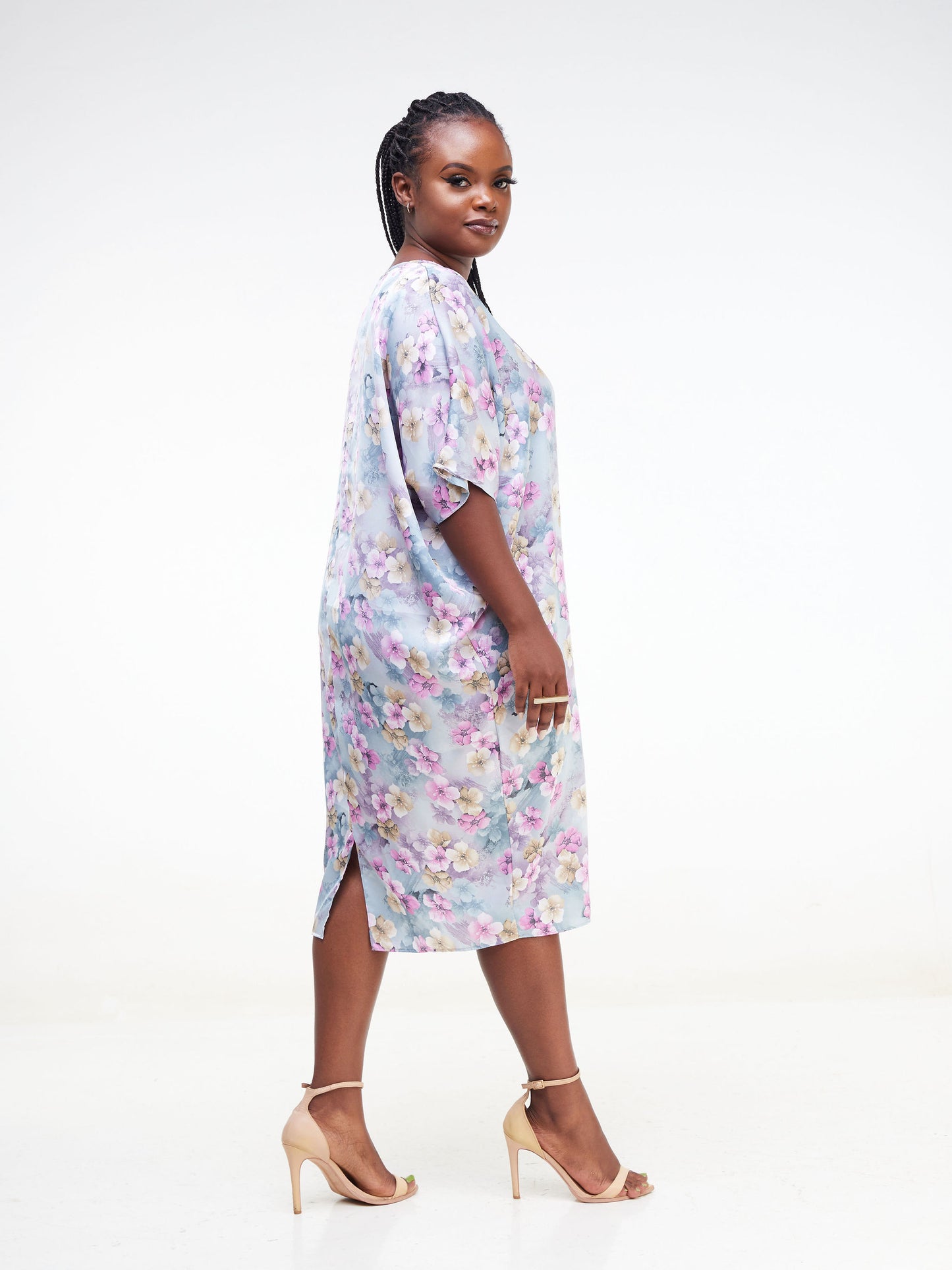Vivo Thando Dolman Knee Length Dress - Purple / Green Floral Print