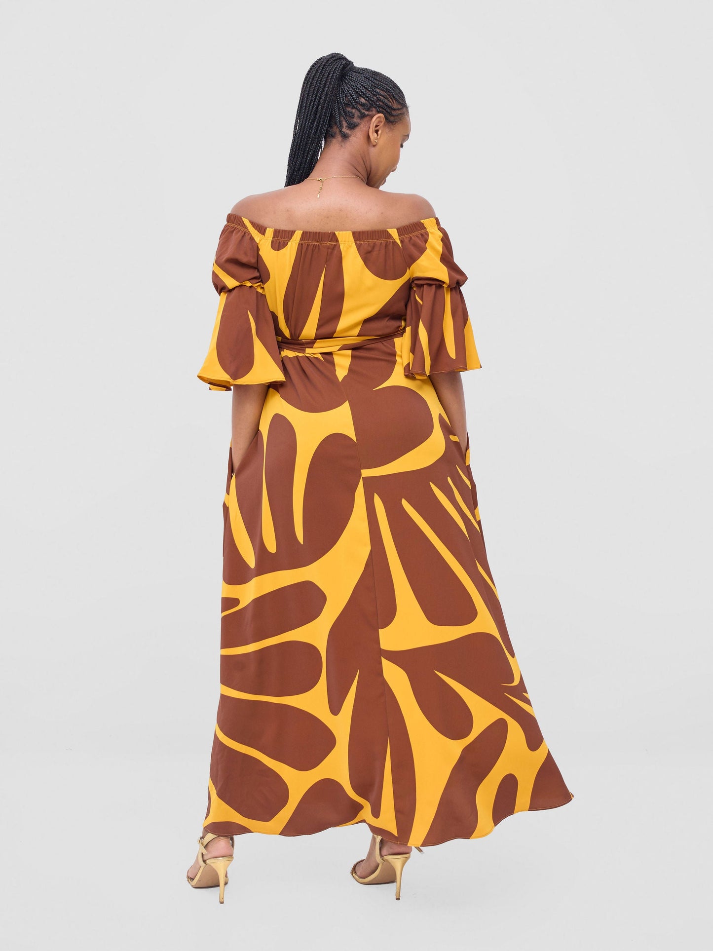 Vivo Tana Off Shoulder Maxi Dress - Mustard / Brown Amari Print